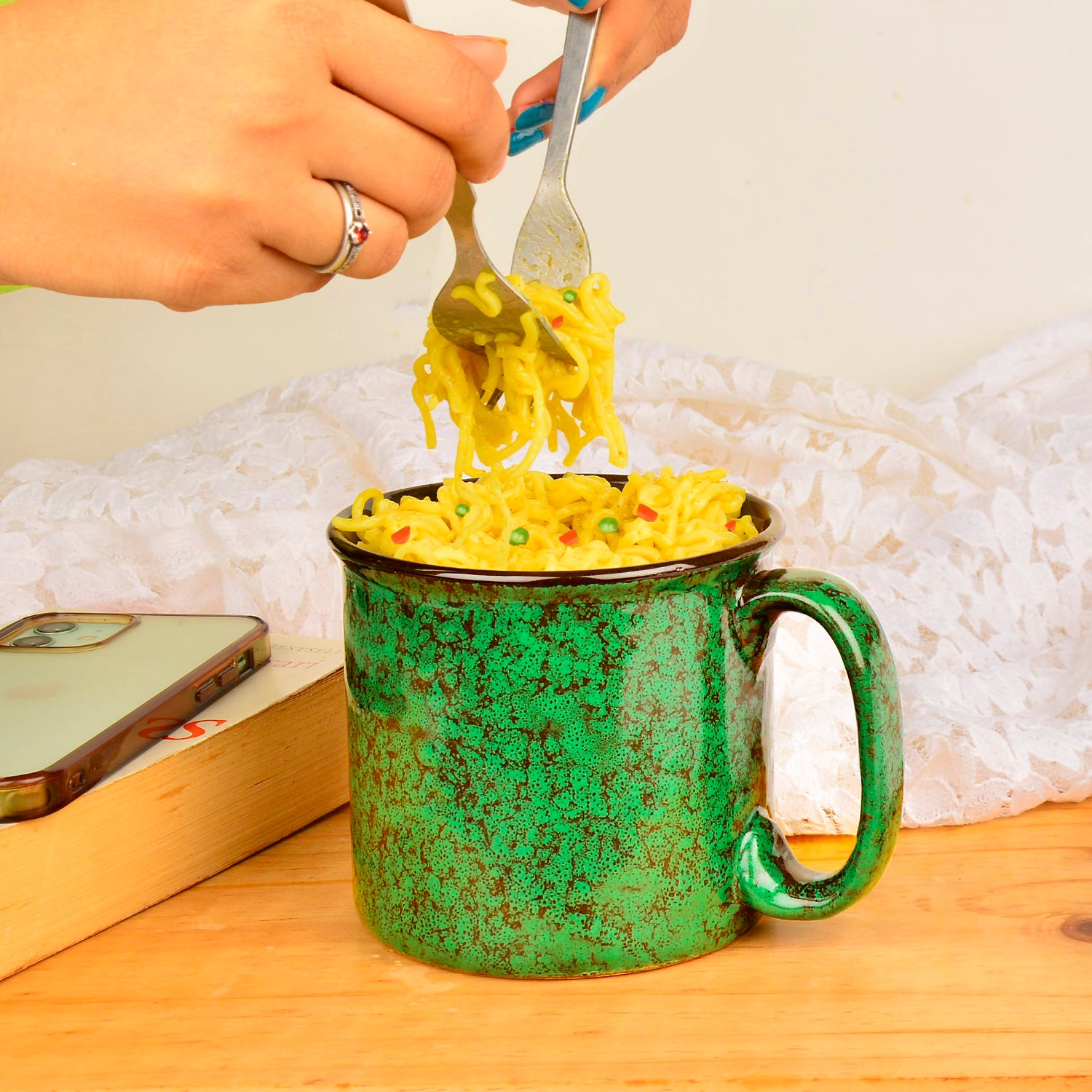 Studio Pottery Ceramic Noodle Bowl / Mug with Handle (550 ml , Emerald Green) - View 2