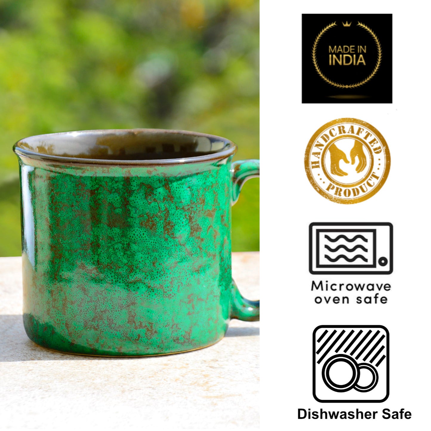 Studio Pottery Ceramic Noodle Bowl / Mug with Handle (550 ml , Emerald Green) - View 4