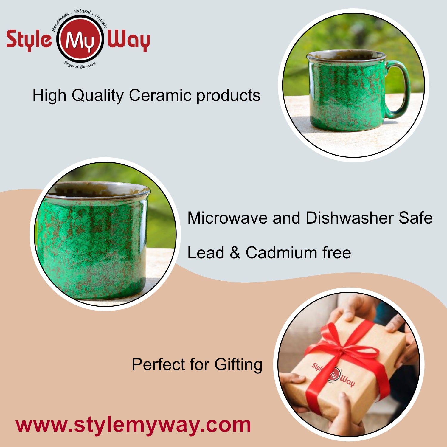 Studio Pottery Ceramic Noodle Bowl / Mug with Handle (550 ml , Emerald Green) - View 5