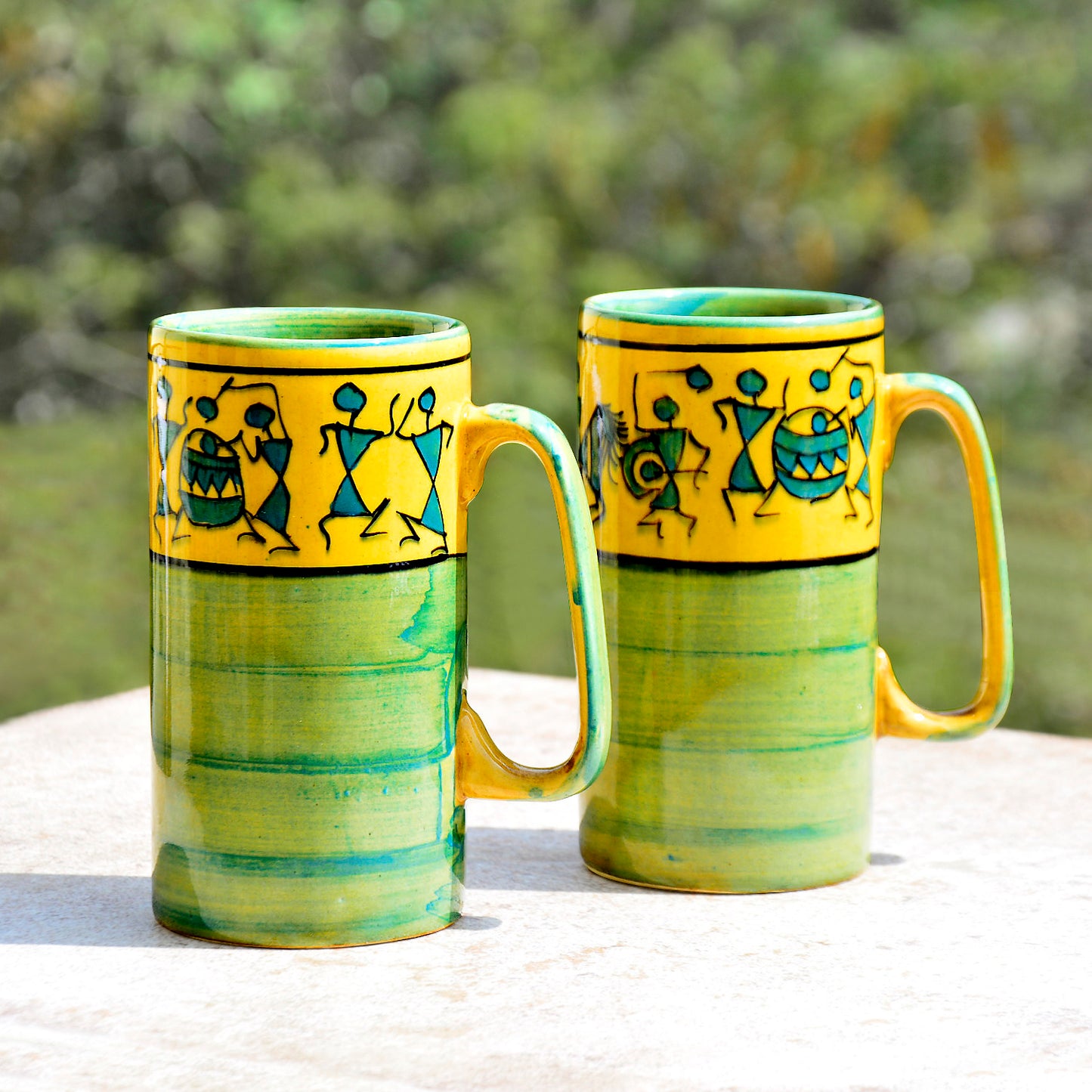 Ceramic Hand-Painted Worli Art Tall Beer Mugs (450 ml each, Set of 2, Green and Golden)