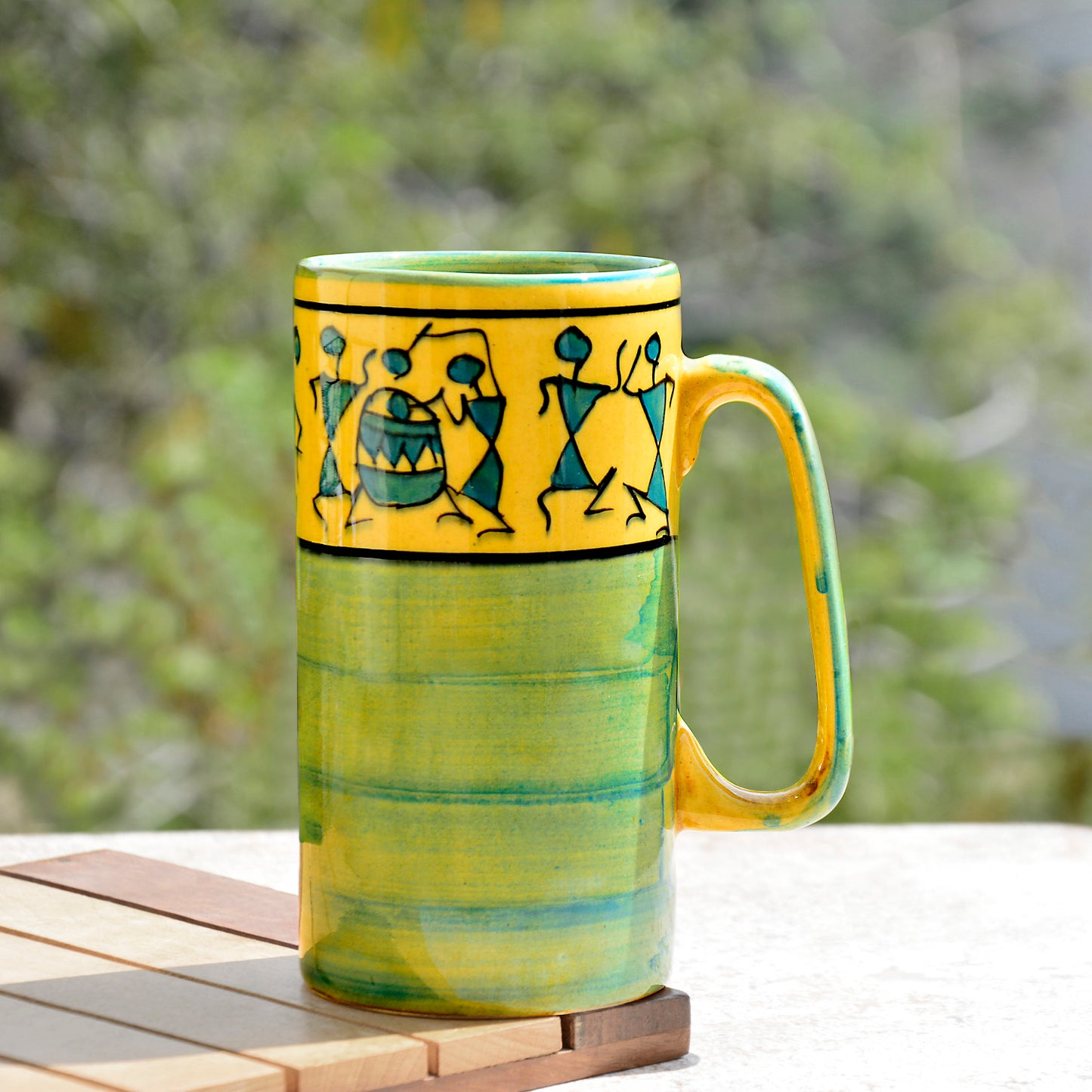 Ceramic Hand-Painted Worli Art Tall Beer Mugs (450 ml each, Set of 2, Green and Golden) - View 3