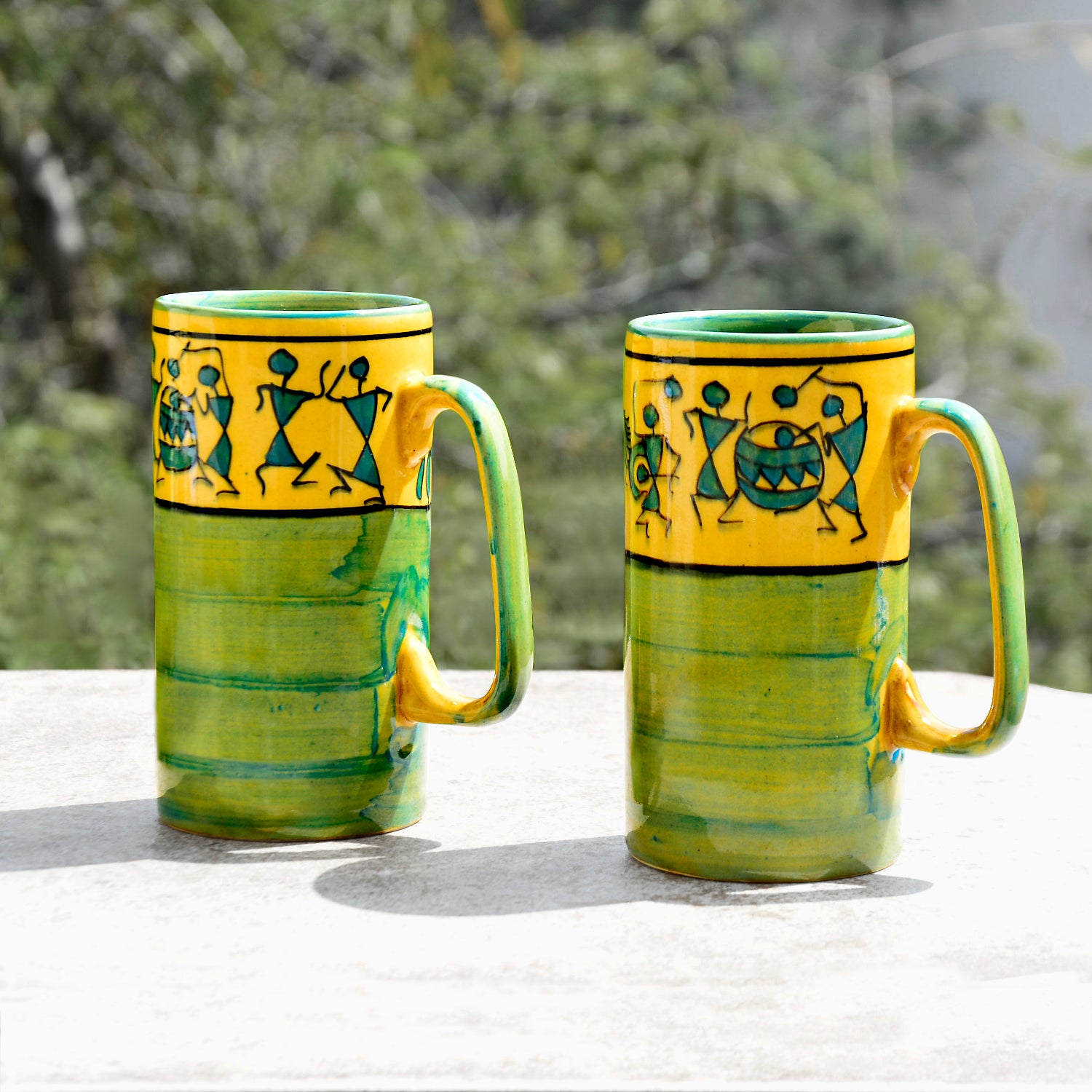 Ceramic Hand-Painted Worli Art Tall Beer Mugs (450 ml each, Set of 2, Green and Golden) - View 4