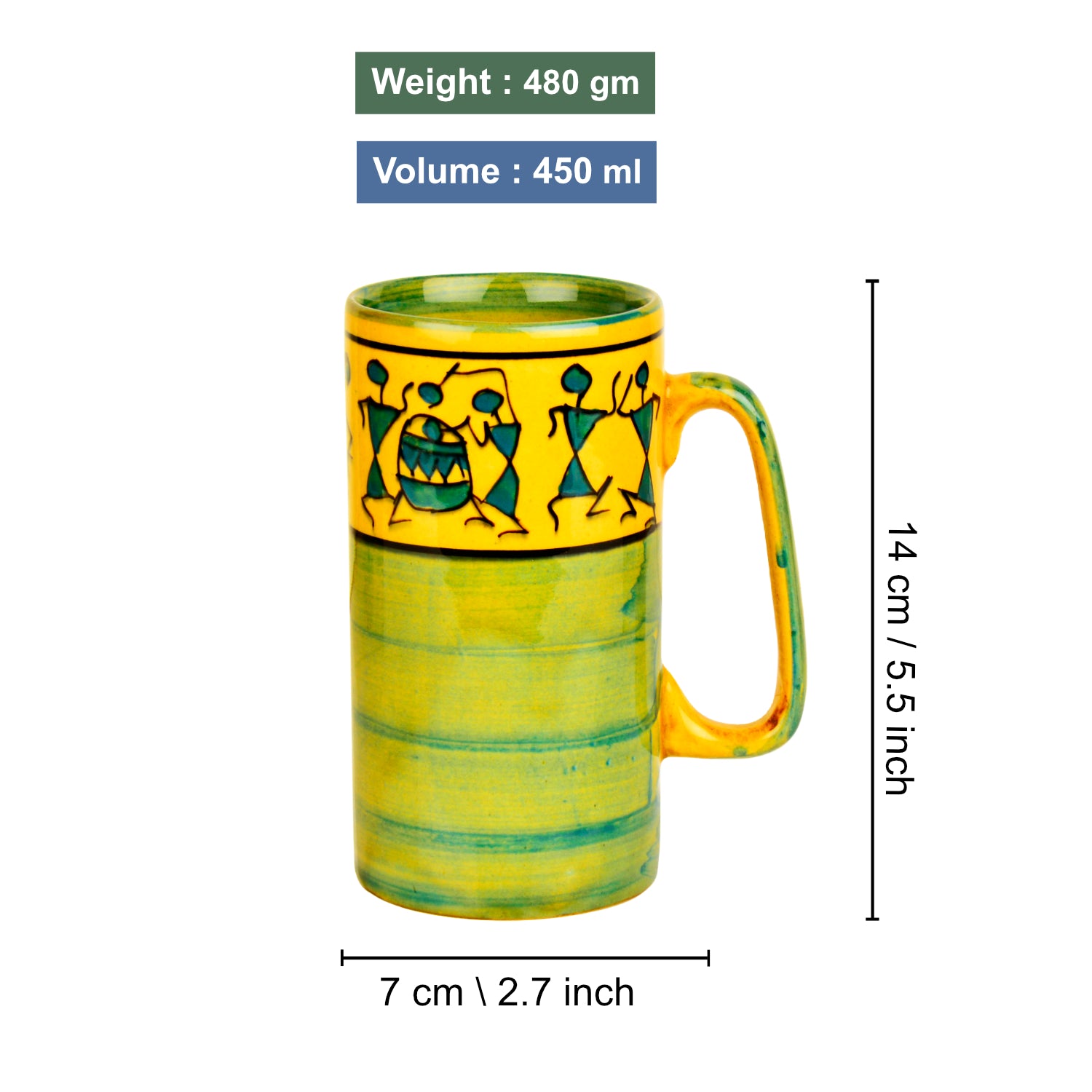 Ceramic Hand-Painted Worli Art Tall Beer Mugs (450 ml each, Set of 2, Green and Golden) - View 2