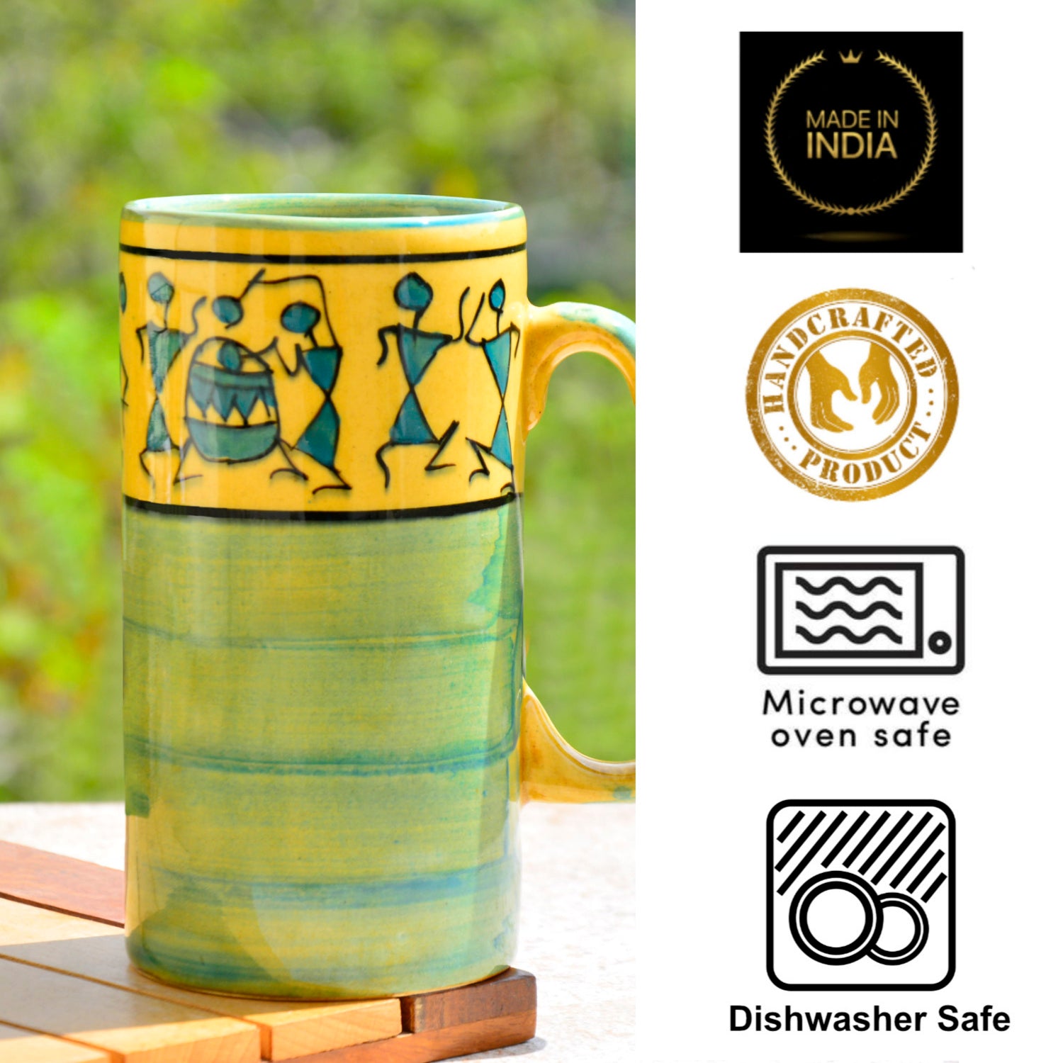 Ceramic Hand-Painted Worli Art Tall Beer Mugs (450 ml each, Set of 2, Green and Golden) - View 5