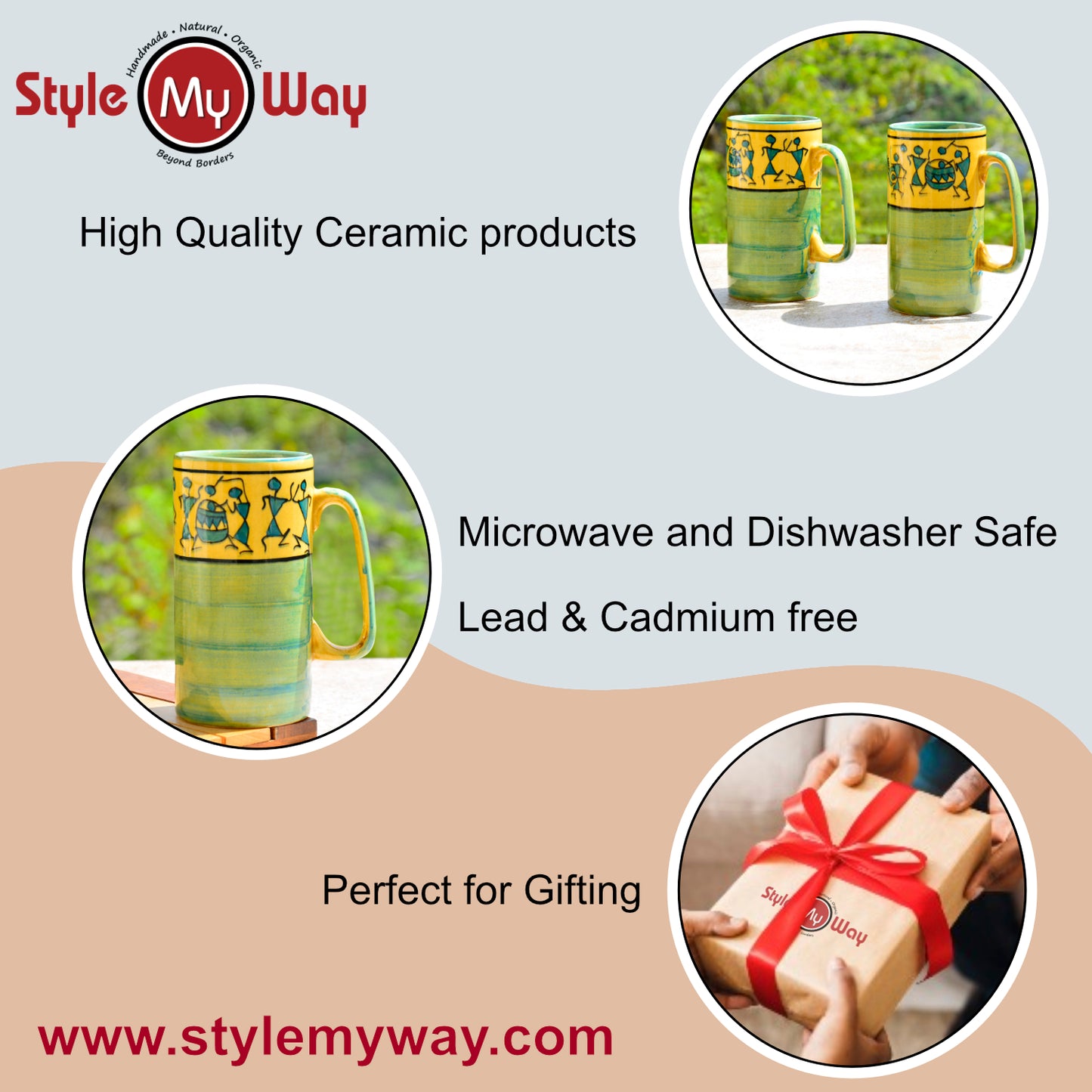 Ceramic Hand-Painted Worli Art Tall Beer Mugs (450 ml each, Set of 2, Green and Golden) - View 6