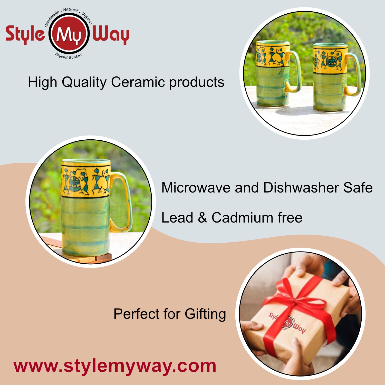 Ceramic Hand-Painted Worli Art Tall Beer Mugs (450 ml each, Set of 2, Green and Golden) - View 6