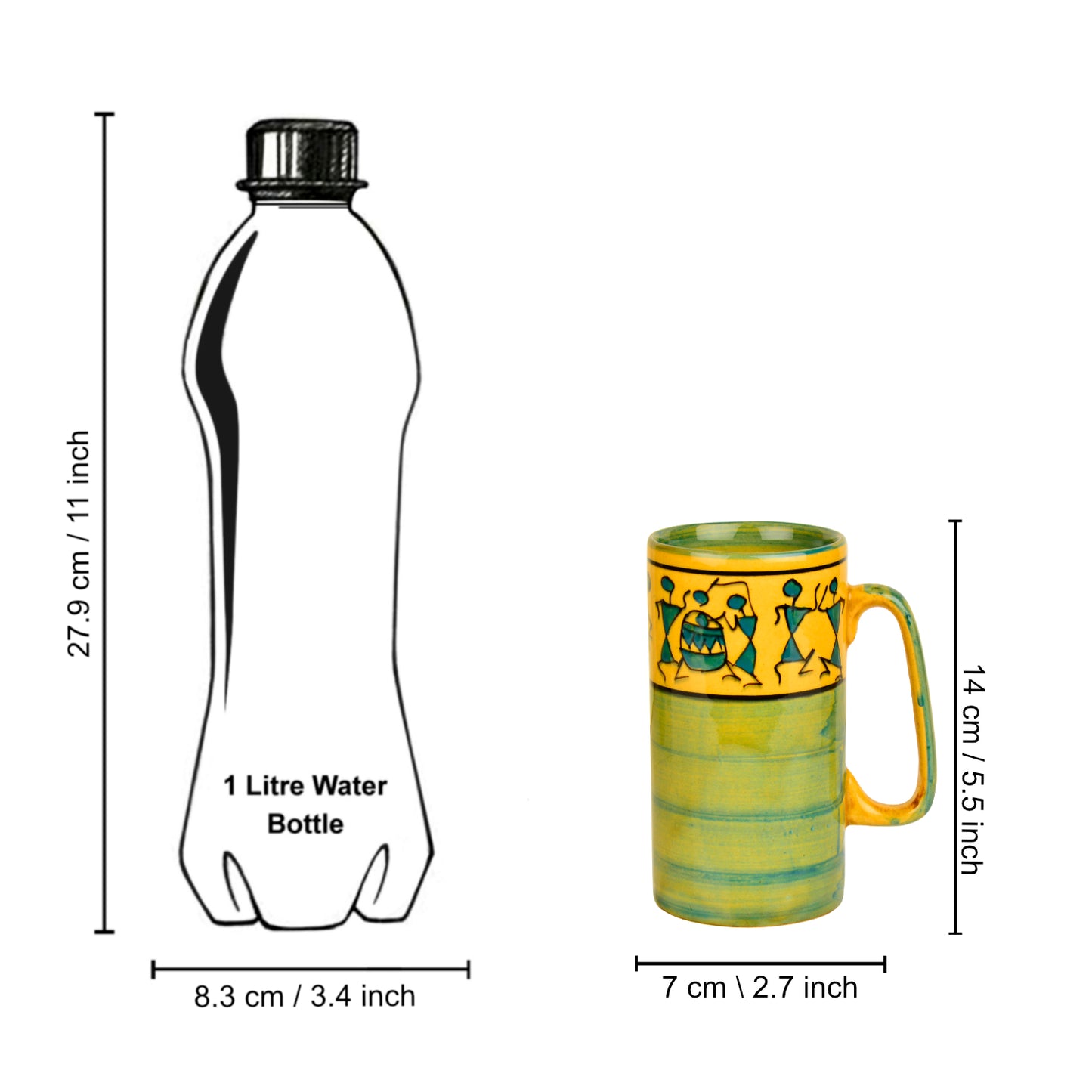 Ceramic Hand-Painted Worli Art Tall Beer Mugs (450 ml each, Set of 2, Green and Golden) - View 7