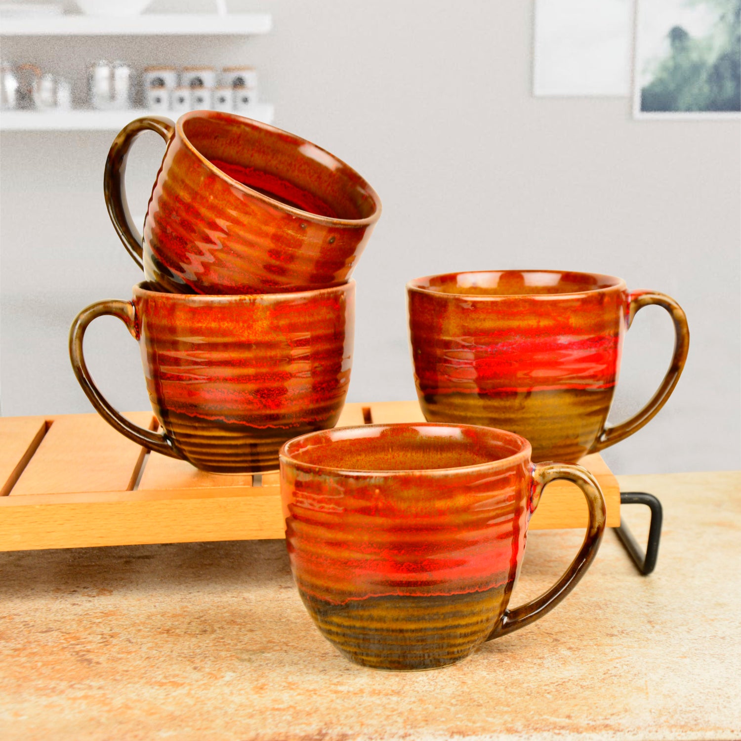 Studio Pottery Ceramic Soup Cups with Handle (350 ml , Set of 4, Ombre Red)