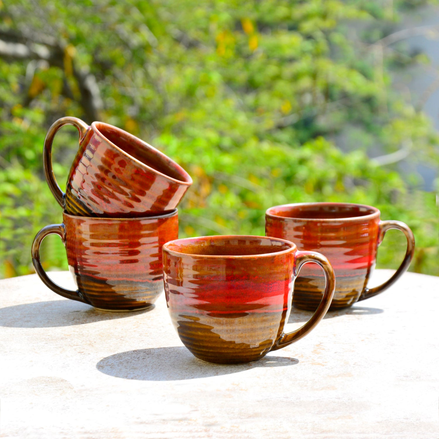 Studio Pottery Ceramic Soup Cups with Handle (350 ml , Set of 4, Ombre Red) - View 4