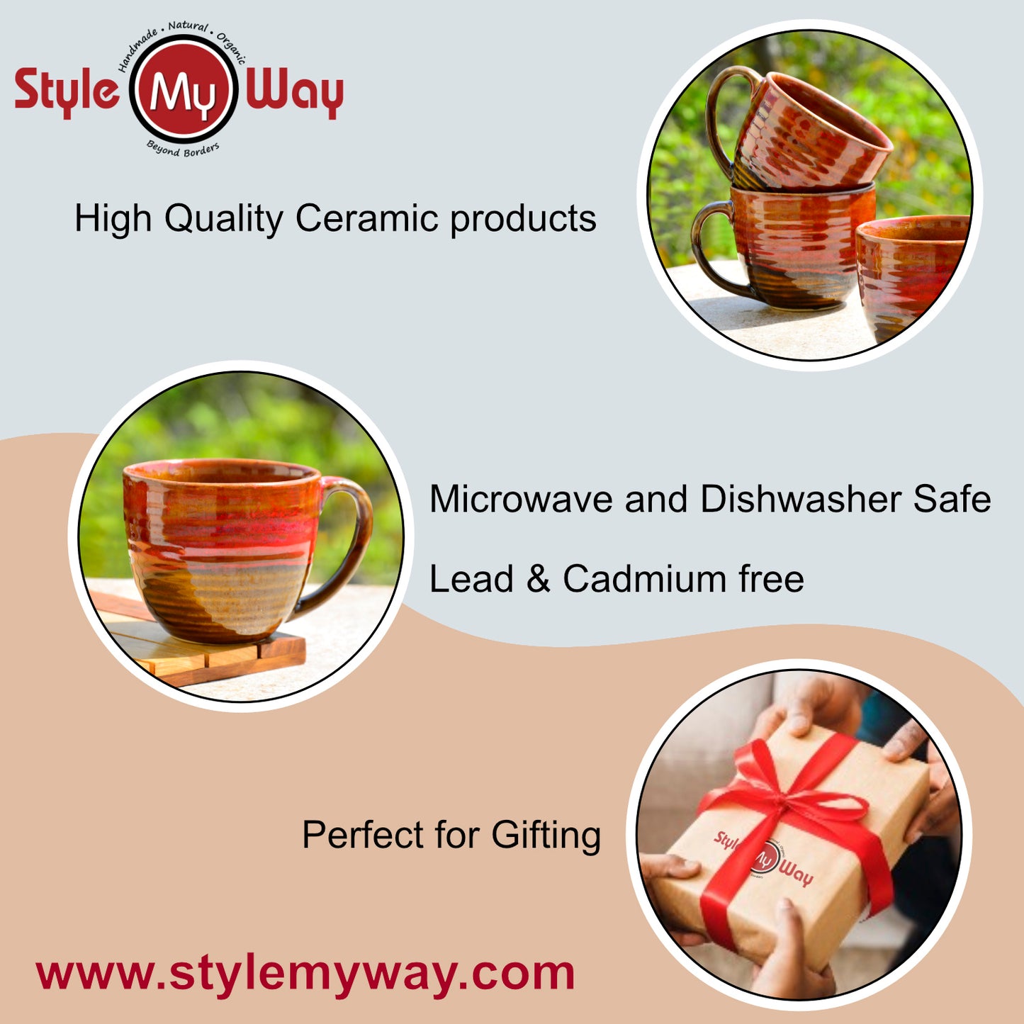 Studio Pottery Ceramic Soup Cups with Handle (350 ml , Set of 4, Ombre Red) - View 6