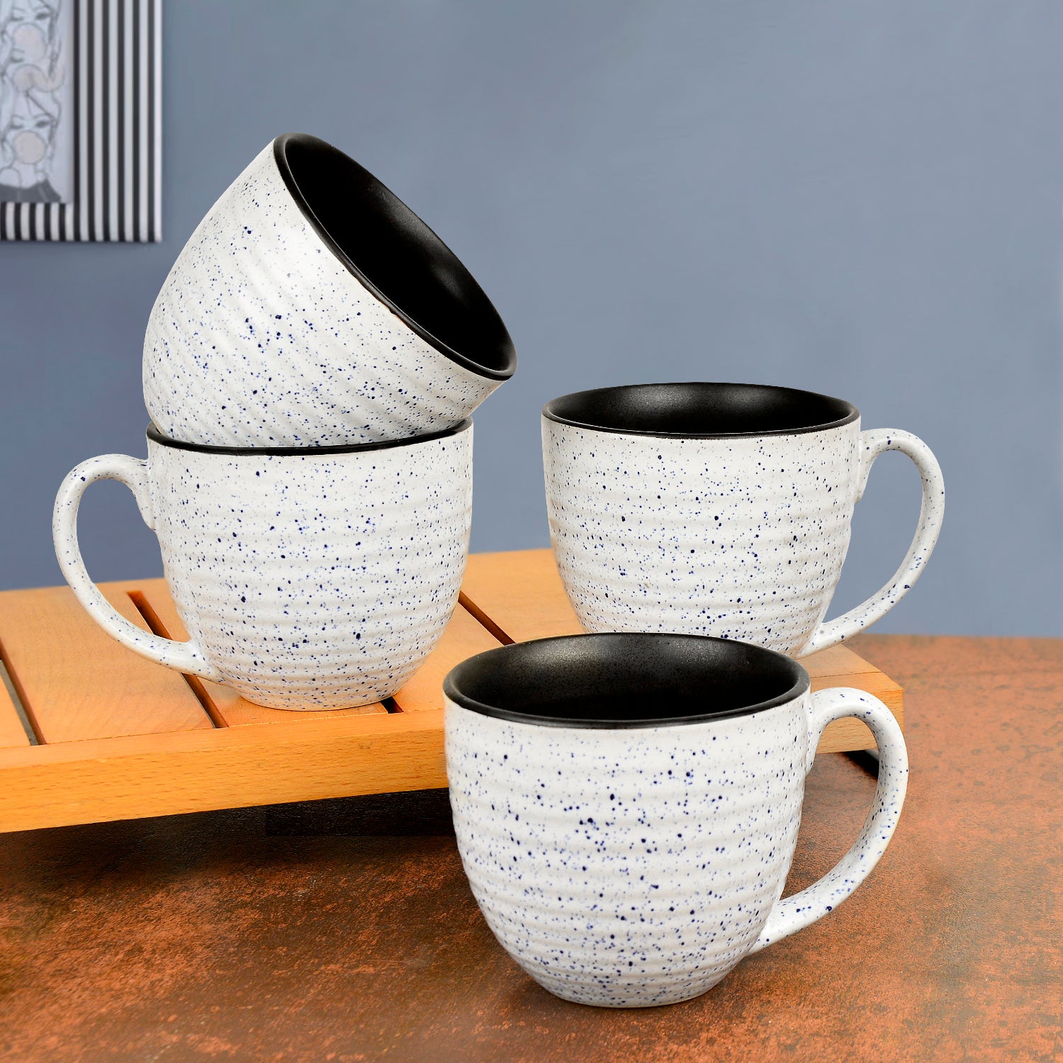 Studio Pottery Ceramic Speckled Soup Cups with Handle (350 ml , Set of 4, Off White and Blue)