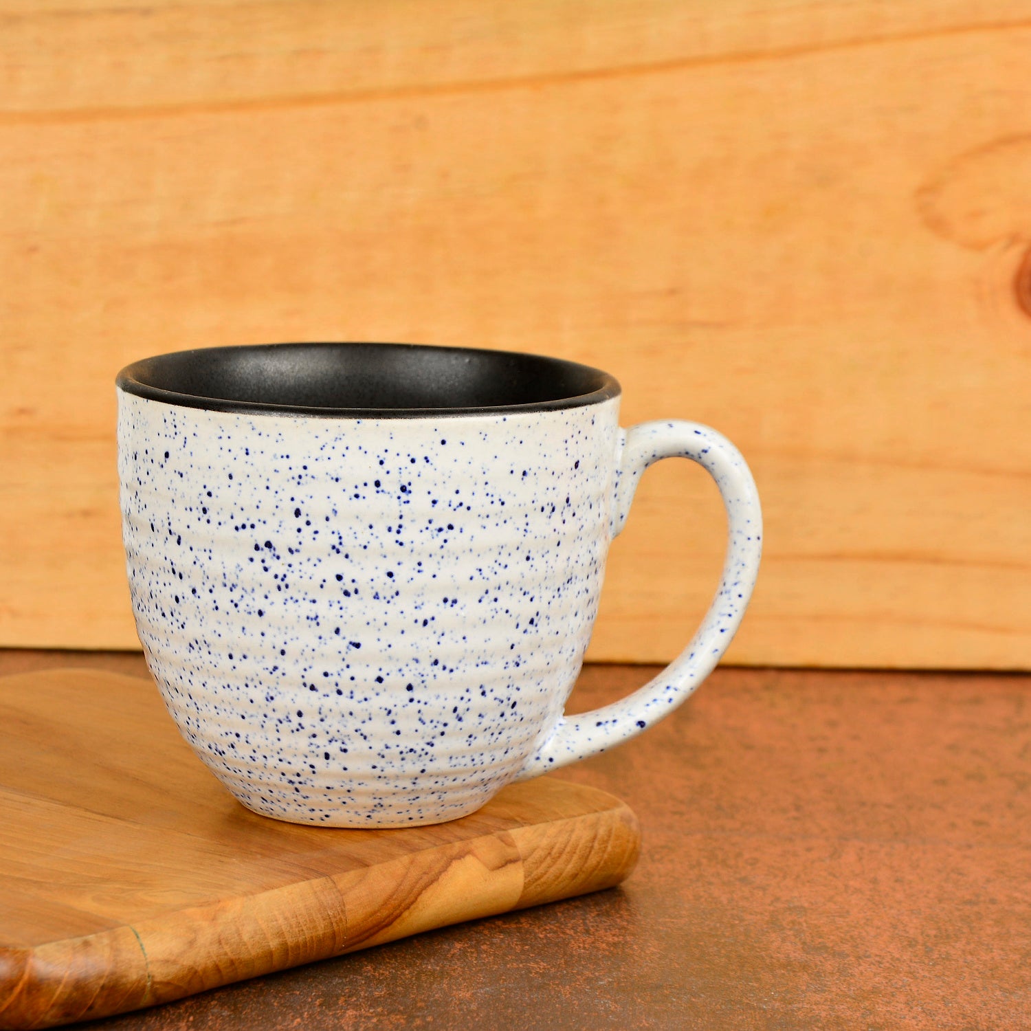 Studio Pottery Ceramic Speckled Soup Cups with Handle (350 ml , Set of 4, Off White and Blue) - View 3