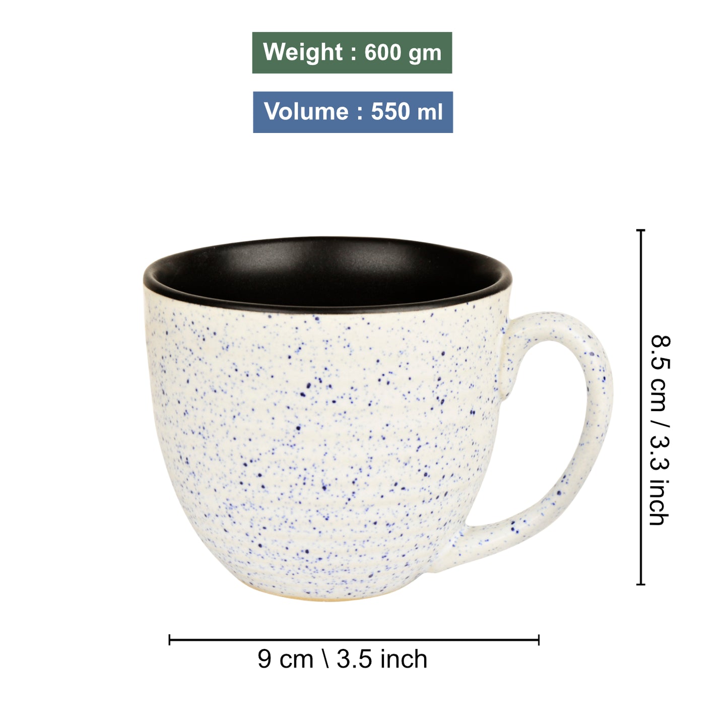 Studio Pottery Ceramic Speckled Soup Cups with Handle (350 ml , Set of 4, Off White and Blue) - View 2
