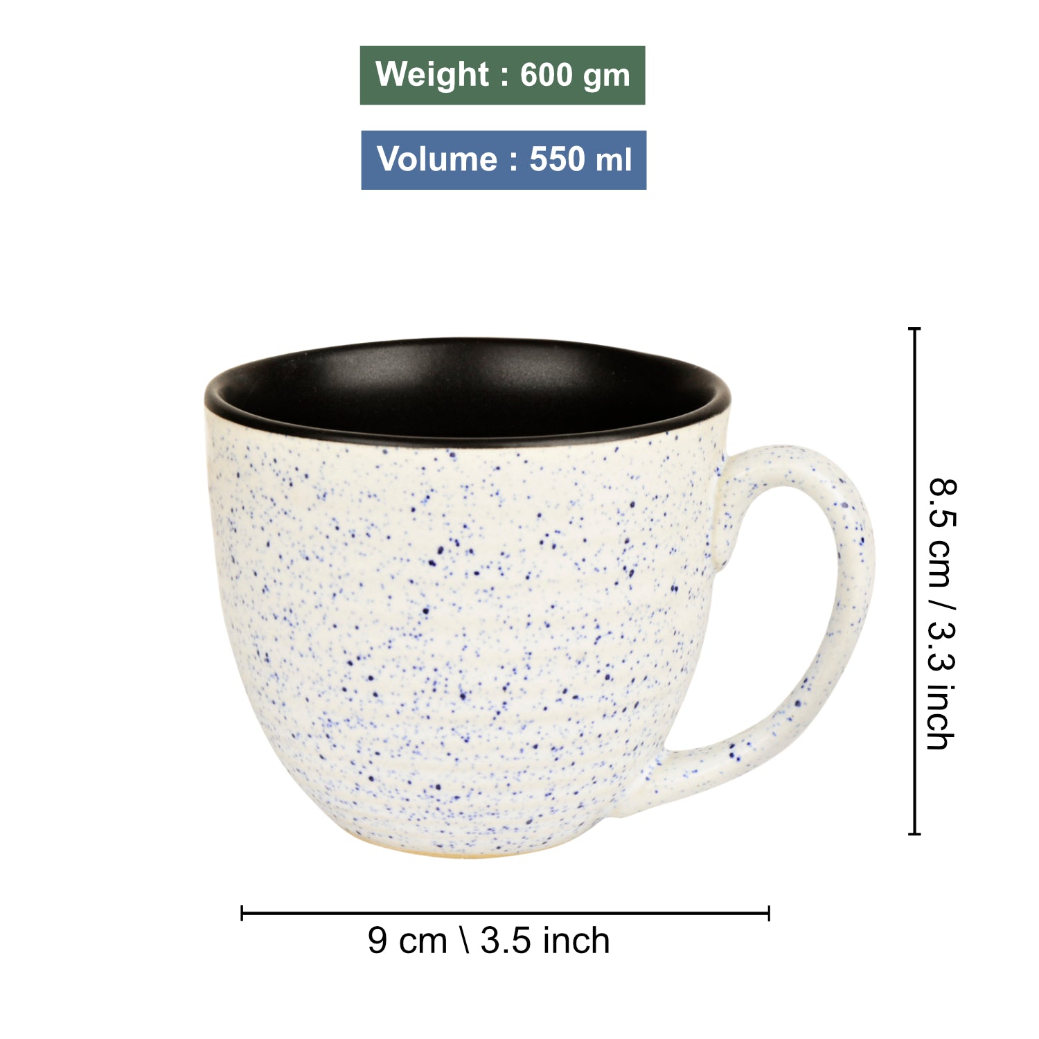 Studio Pottery Ceramic Speckled Soup Cups with Handle (350 ml , Set of 4, Off White and Blue) - View 2