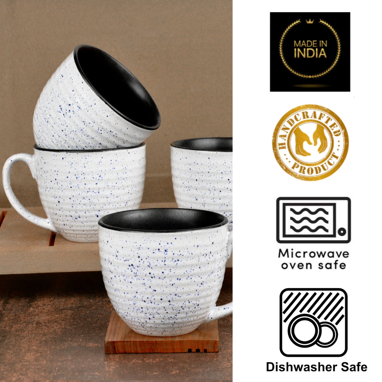 Studio Pottery Ceramic Speckled Soup Cups with Handle (350 ml , Set of 4, Off White and Blue) - View 5