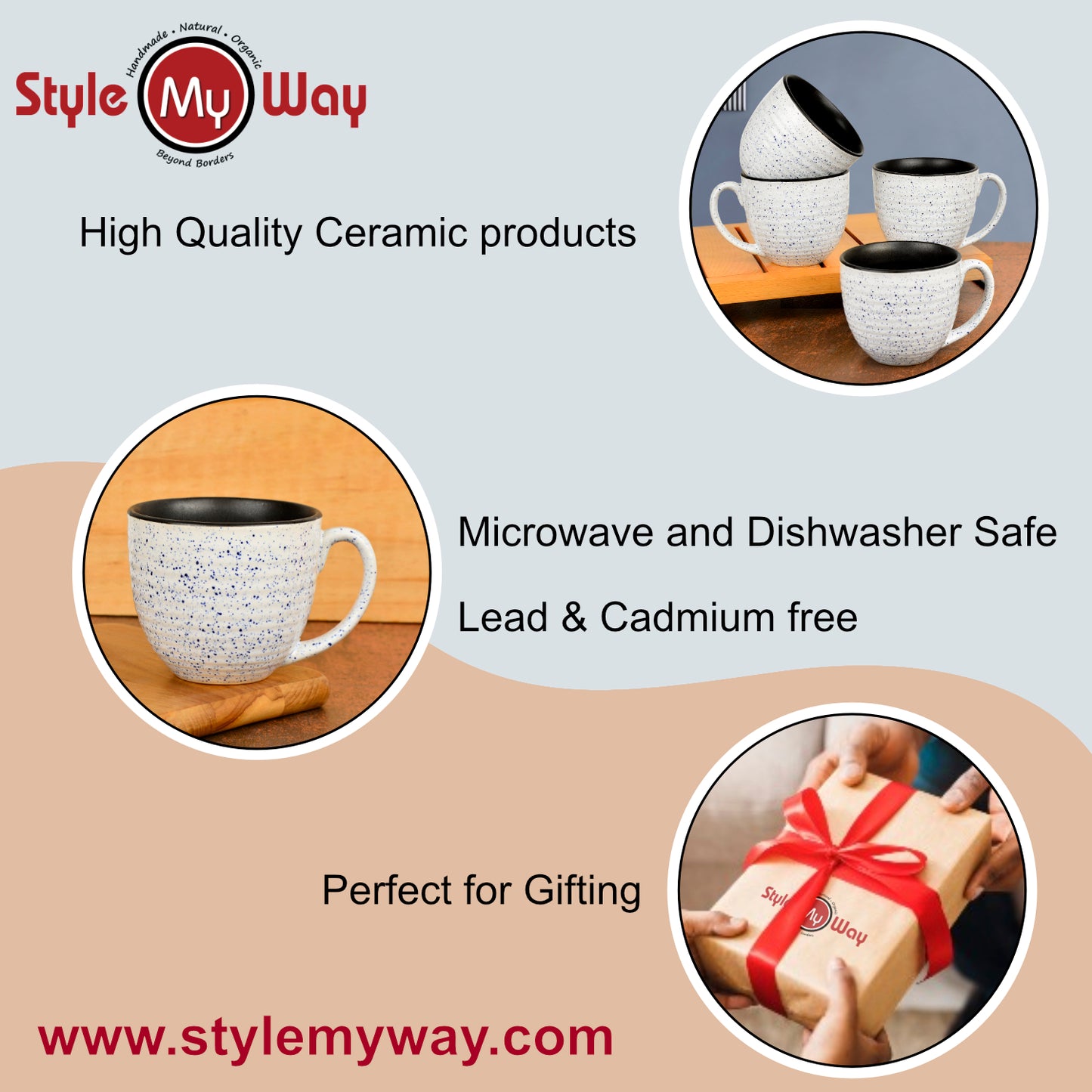 Studio Pottery Ceramic Speckled Soup Cups with Handle (350 ml , Set of 4, Off White and Blue) - View 6