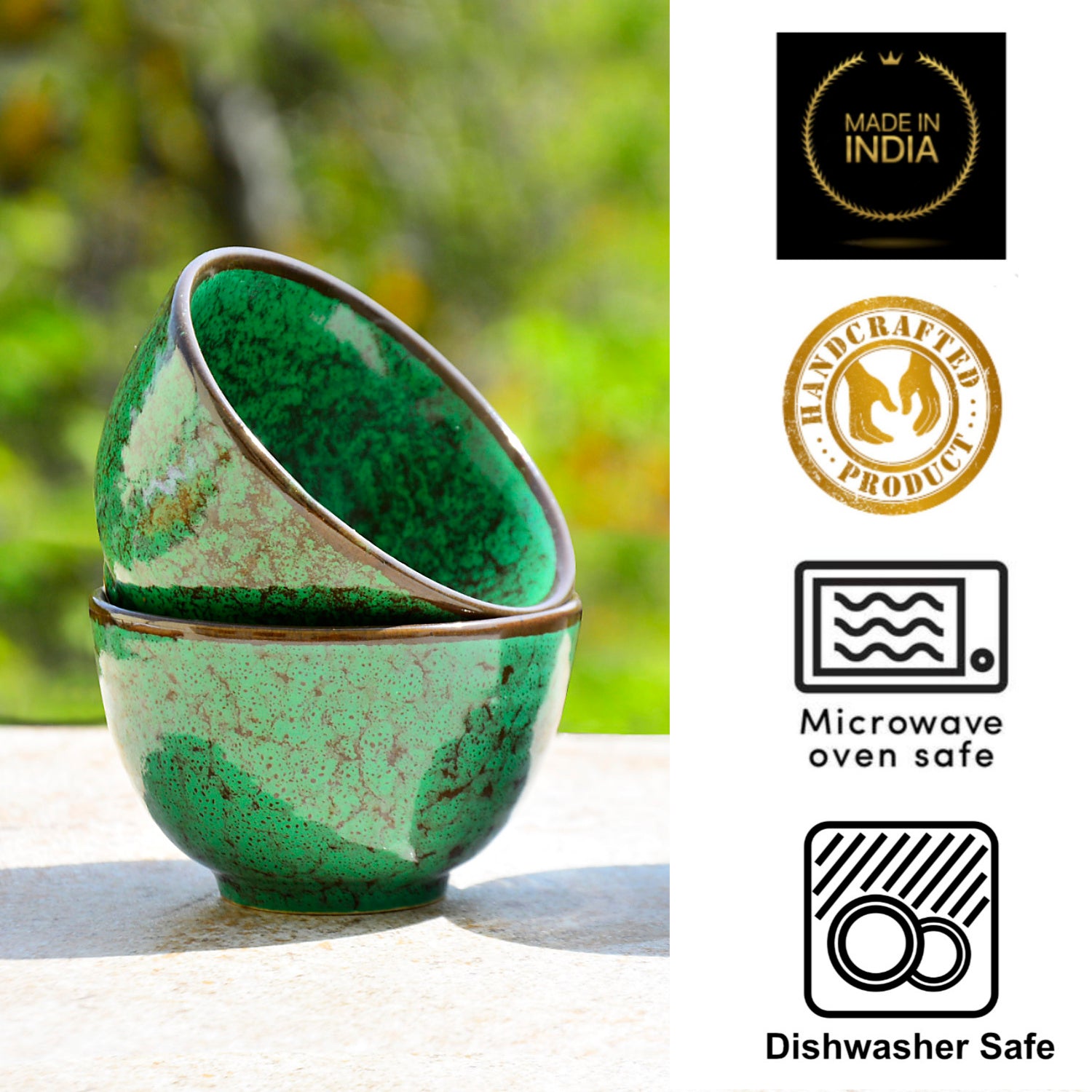 Studio Pottery Ceramic Dinner Serving Bowls (Set of 4 , 200 ml each, Seaweed Green) - View 4
