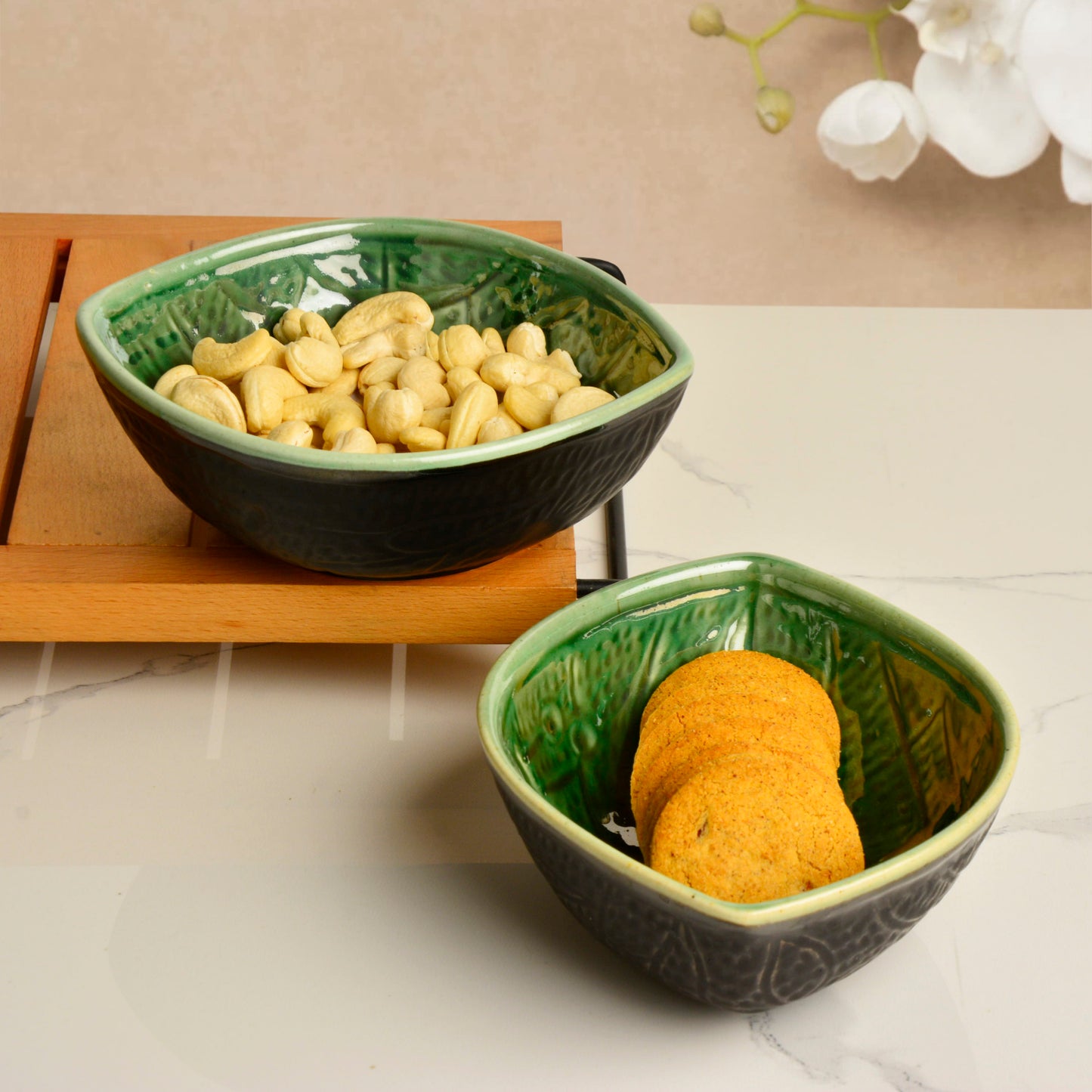 Studio Pottery Almond Shaped Ceramic Nut Bowls (Set of 2, 450 ml each, Green and Black) - View 3