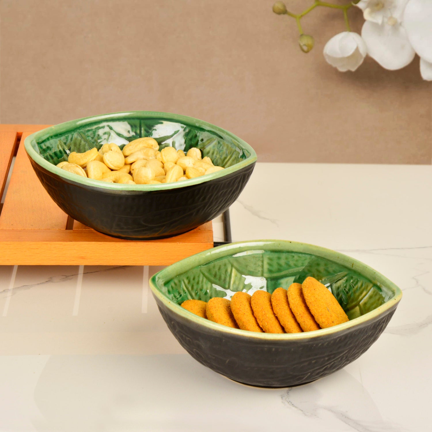 Studio Pottery Almond Shaped Ceramic Nut Bowls (Set of 2, 450 ml each, Green and Black) - View 4