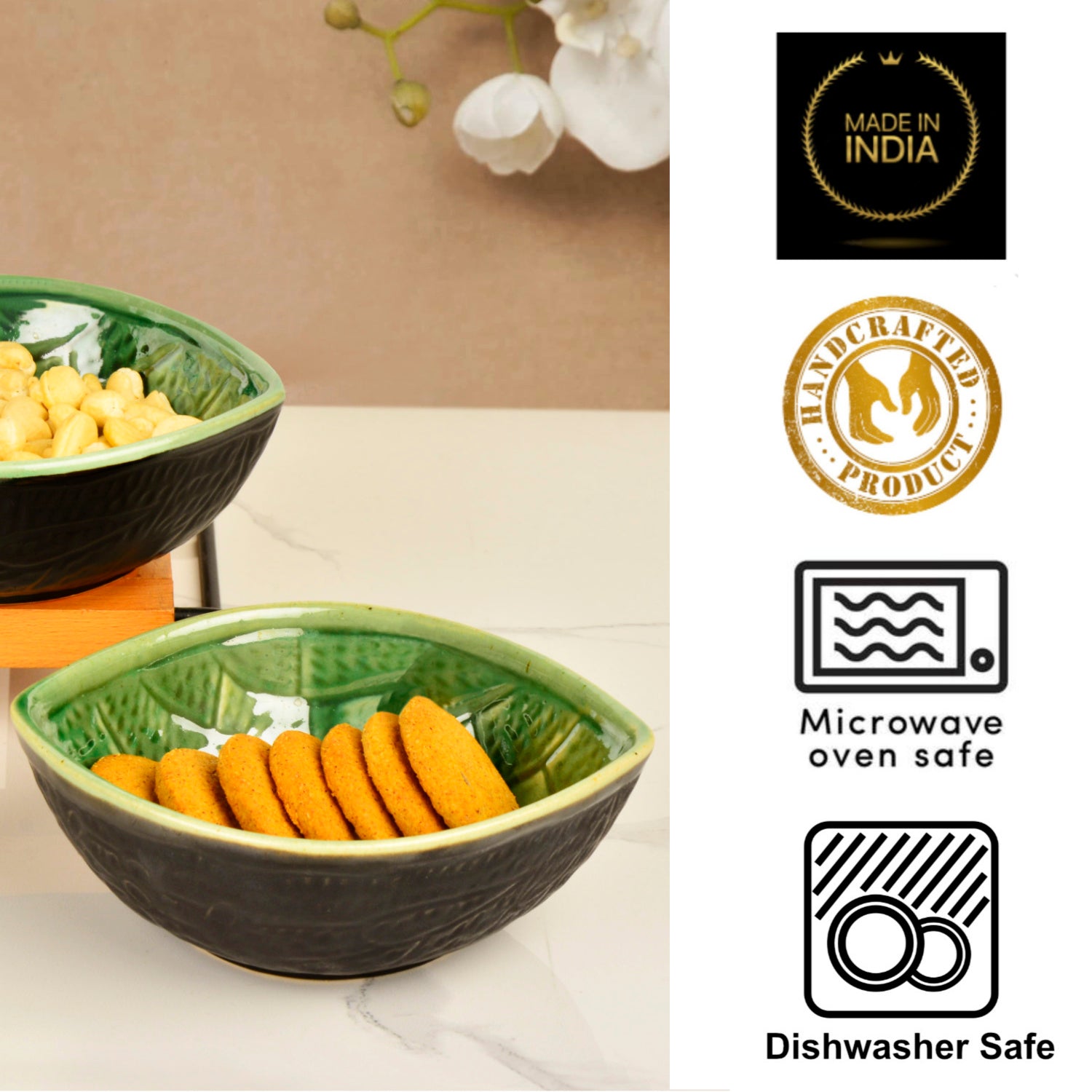 Studio Pottery Almond Shaped Ceramic Nut Bowls (Set of 2, 450 ml each, Green and Black) - View 5