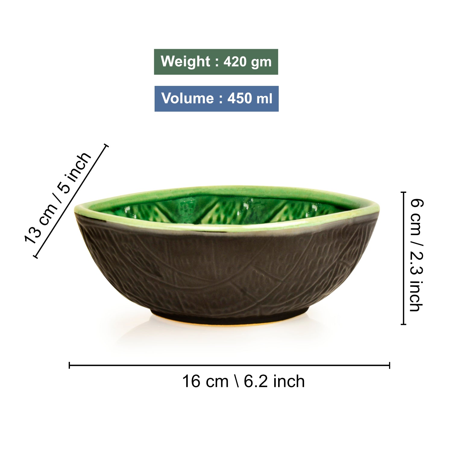 Studio Pottery Almond Shaped Ceramic Nut Bowls (Set of 2, 450 ml each, Green and Black) - View 2