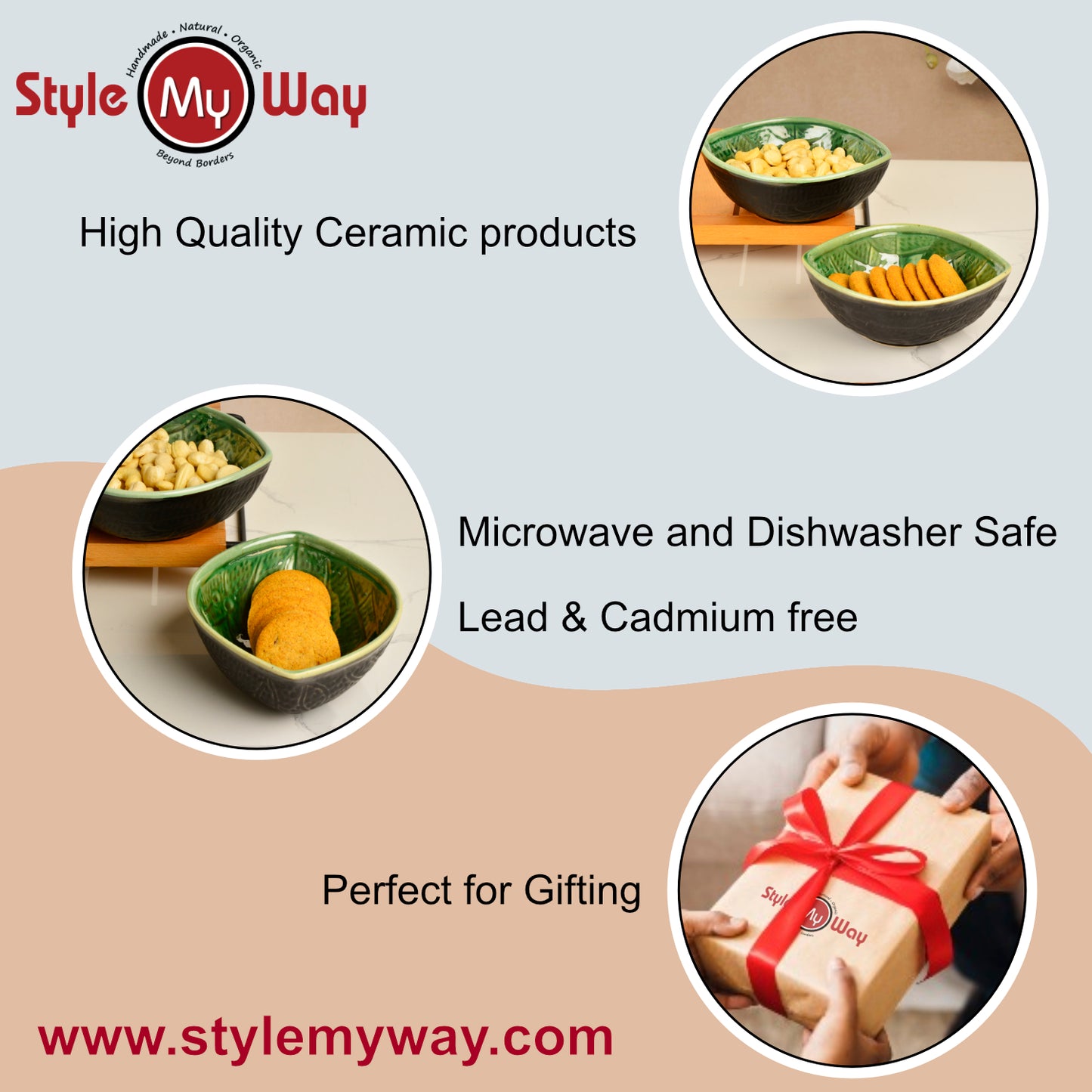 Studio Pottery Almond Shaped Ceramic Nut Bowls (Set of 2, 450 ml each, Green and Black) - View 6