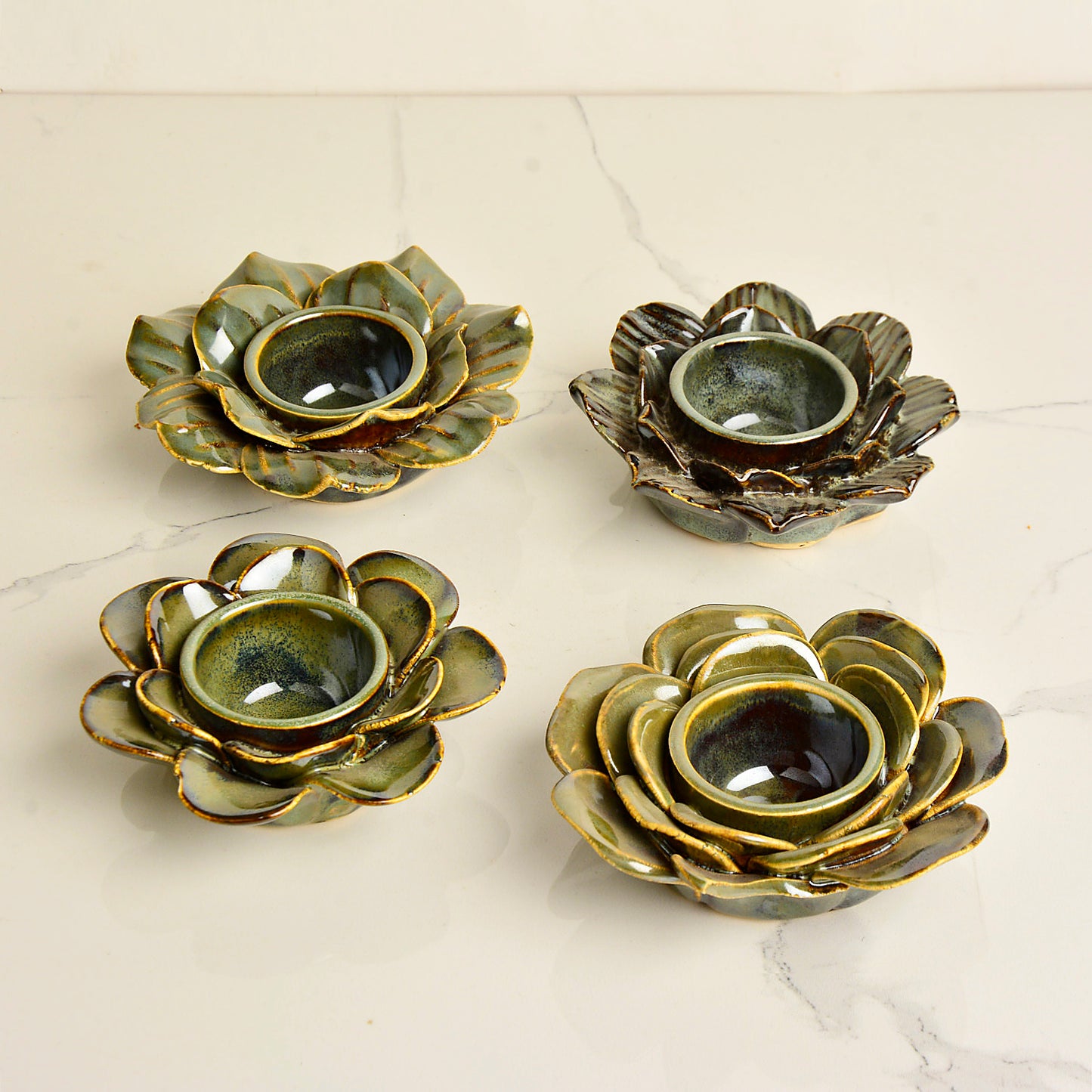 Premium Handmade Flower Shaped Ceramic Tea Light Holder for Home Decoration (Dove Blue, Set of 4) - View 3