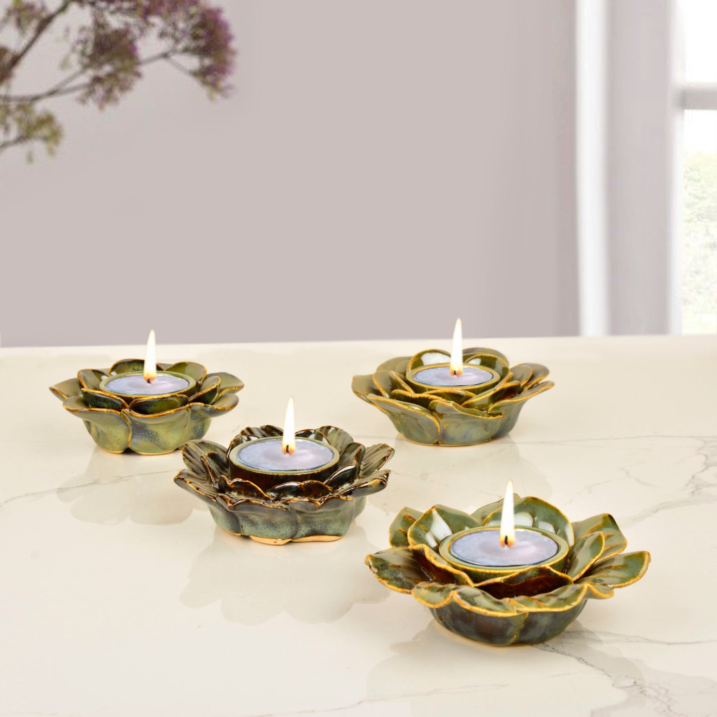 Premium Handmade Flower Shaped Ceramic Tea Light Holder for Home Decoration (Dove Blue, Set of 4) - View 4