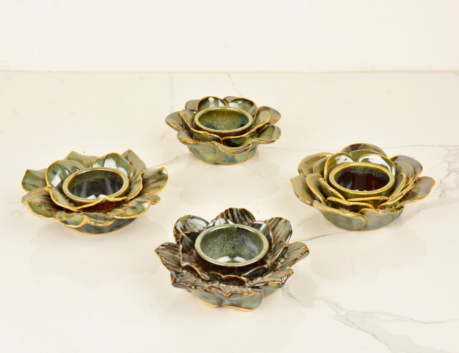 Premium Handmade Flower Shaped Ceramic Tea Light Holder for Home Decoration (Dove Blue, Set of 4) - View 5