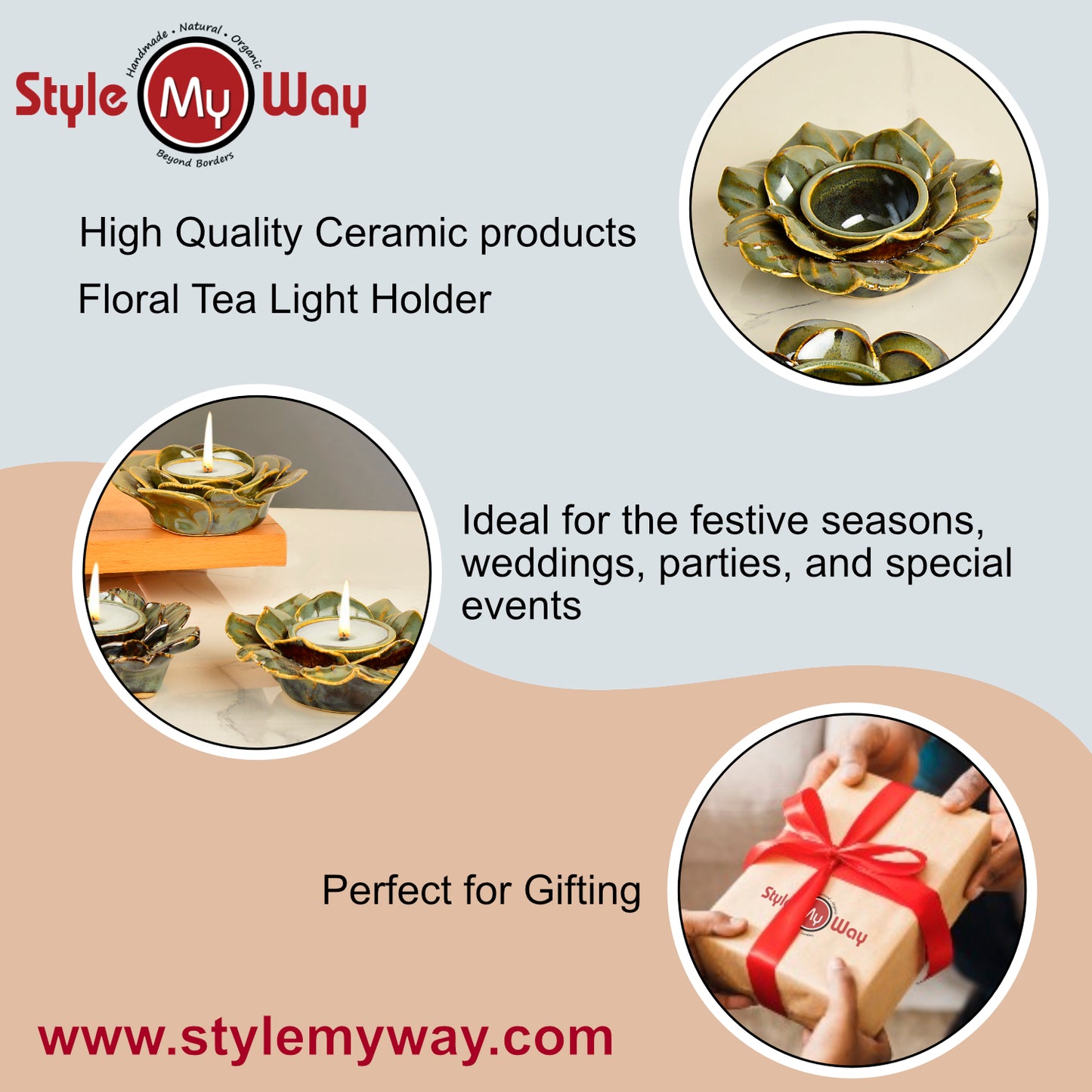 Premium Handmade Flower Shaped Ceramic Tea Light Holder for Home Decoration (Dove Blue, Set of 4) - View 7