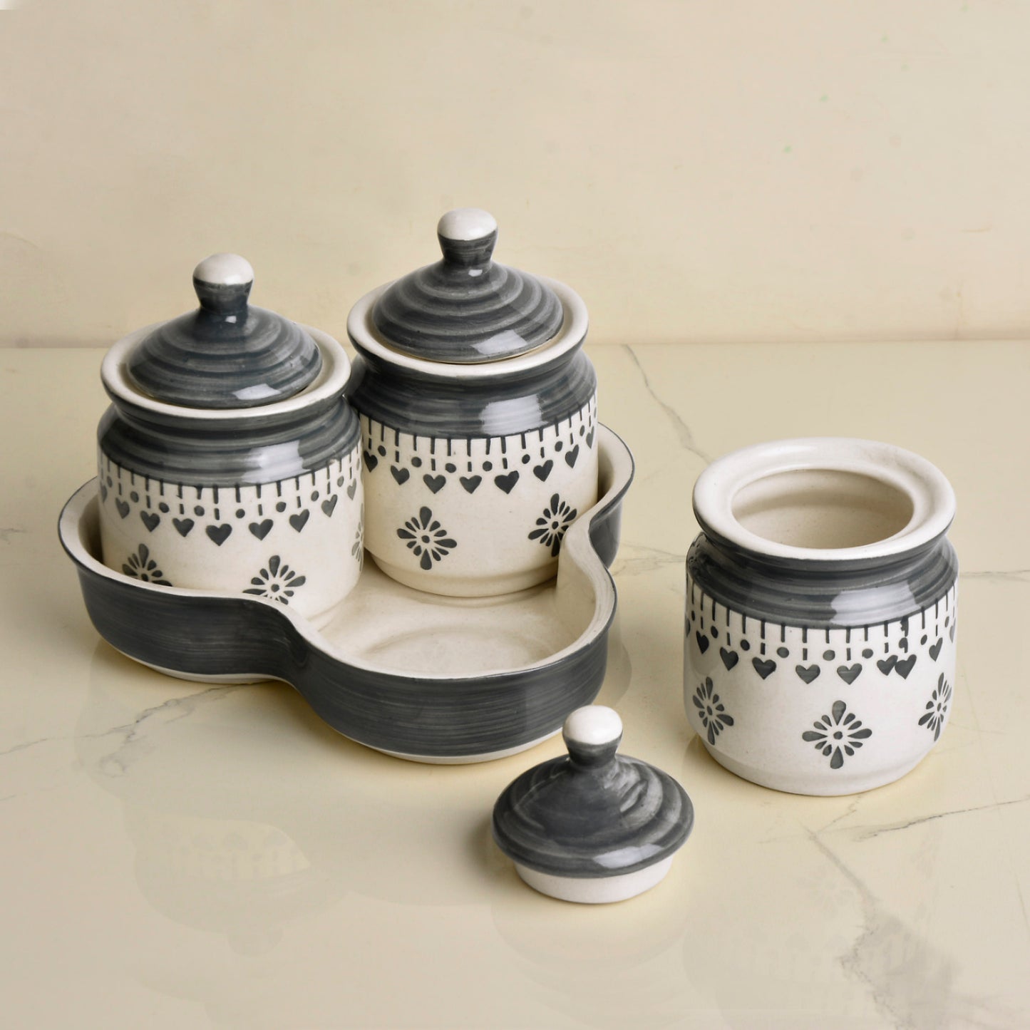 Hand Painted Ceramic Pickle Jar Set with Tray (Set of 3, White and Grey, 200 ml each)