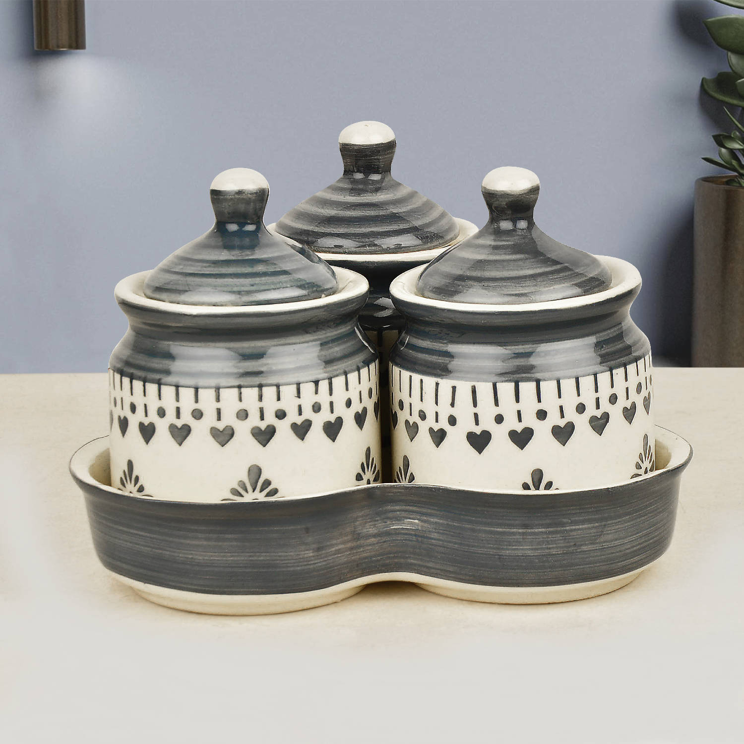 Hand Painted Ceramic Pickle Jar Set with Tray (Set of 3, White and Grey, 200 ml each) - View 3