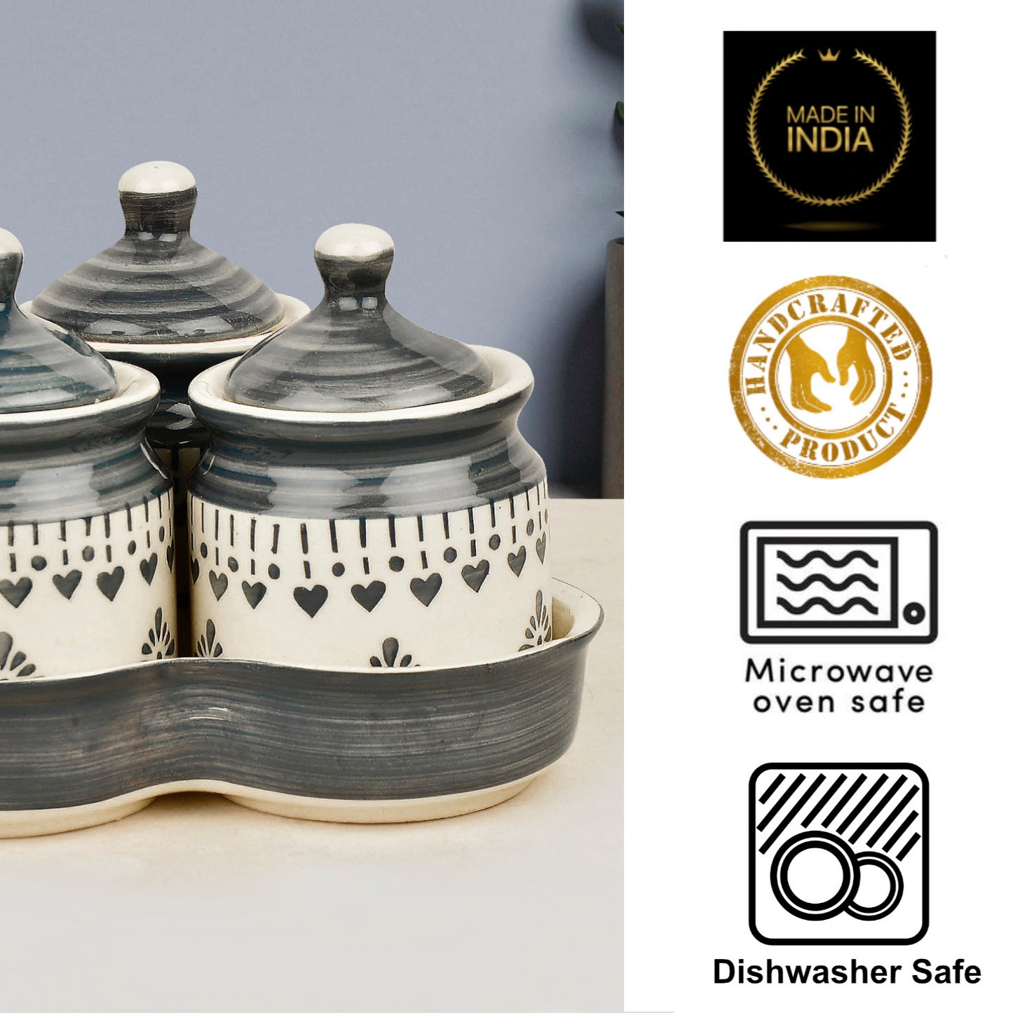 Hand Painted Ceramic Pickle Jar Set with Tray (Set of 3, White and Grey, 200 ml each) - View 5