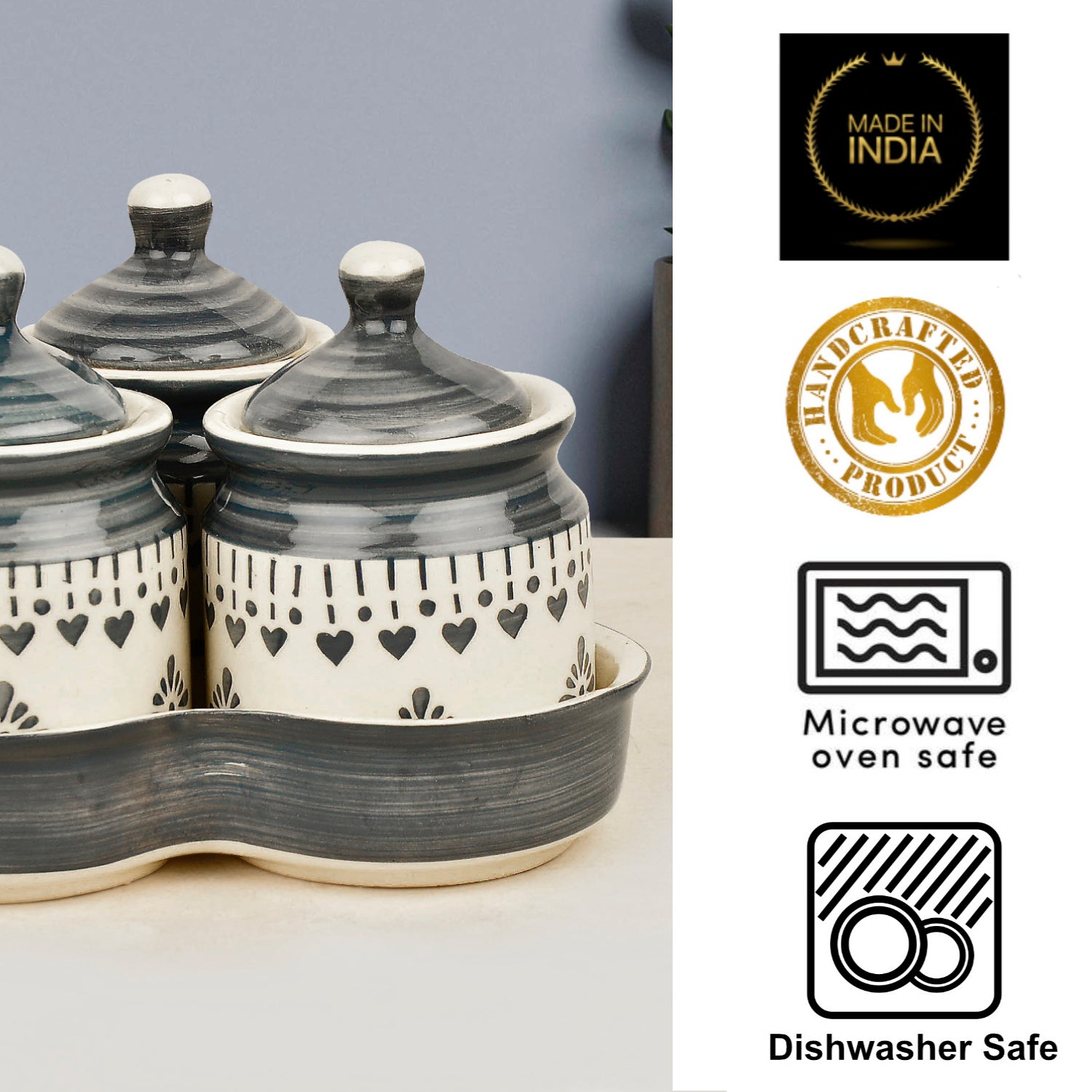Hand Painted Ceramic Pickle Jar Set with Tray (Set of 3, White and Grey, 200 ml each) - View 5
