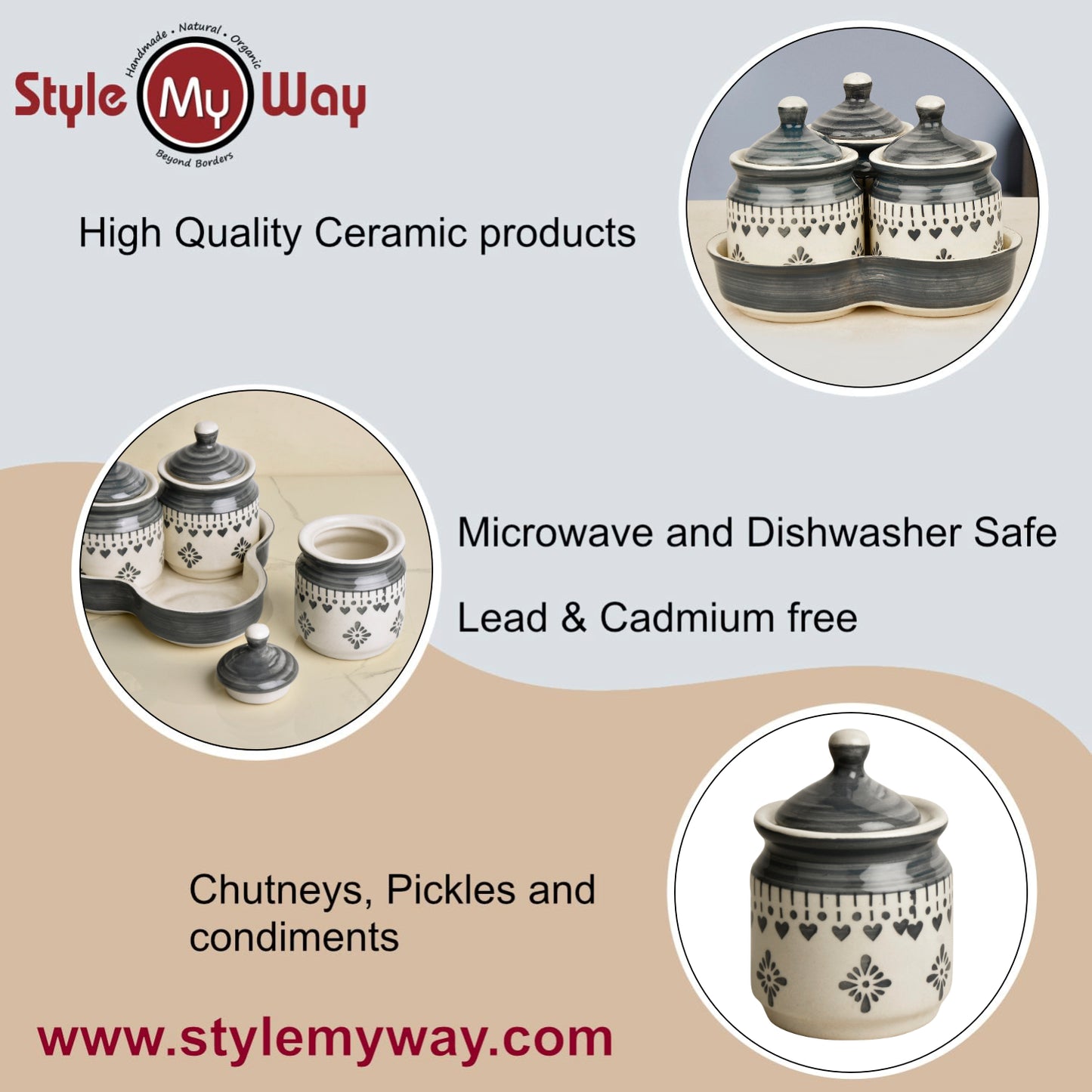 Hand Painted Ceramic Pickle Jar Set with Tray (Set of 3, White and Grey, 200 ml each) - View 6