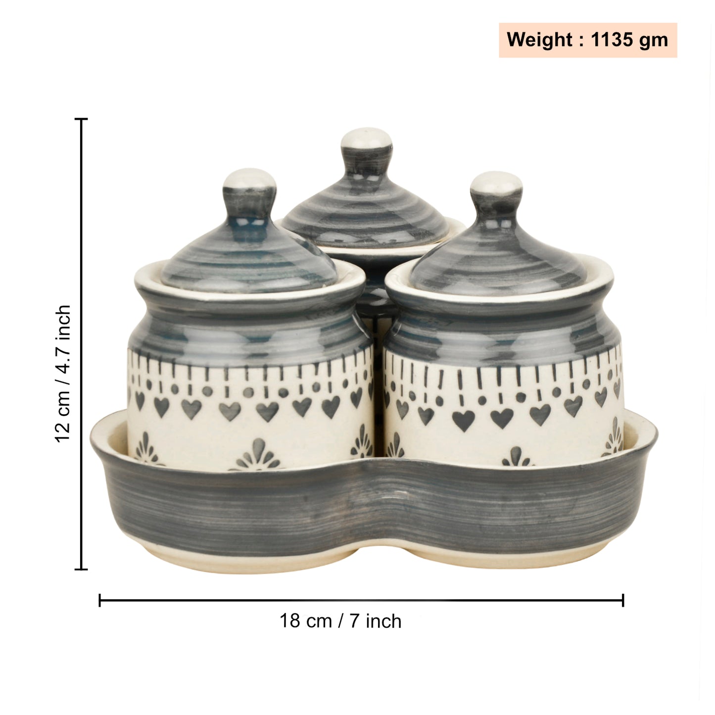Hand Painted Ceramic Pickle Jar Set with Tray (Set of 3, White and Grey, 200 ml each) - View 2