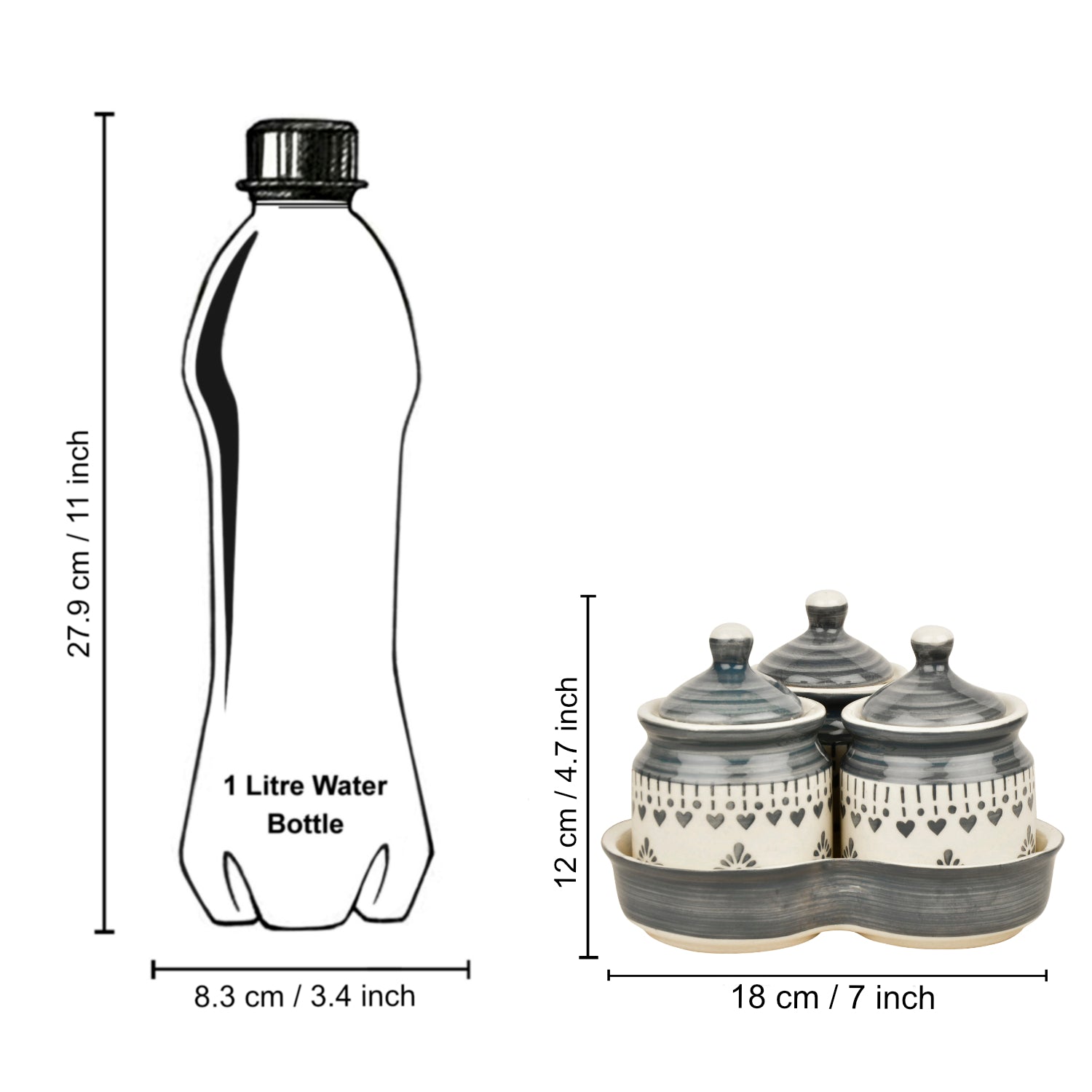 Hand Painted Ceramic Pickle Jar Set with Tray (Set of 3, White and Grey, 200 ml each) - View 7