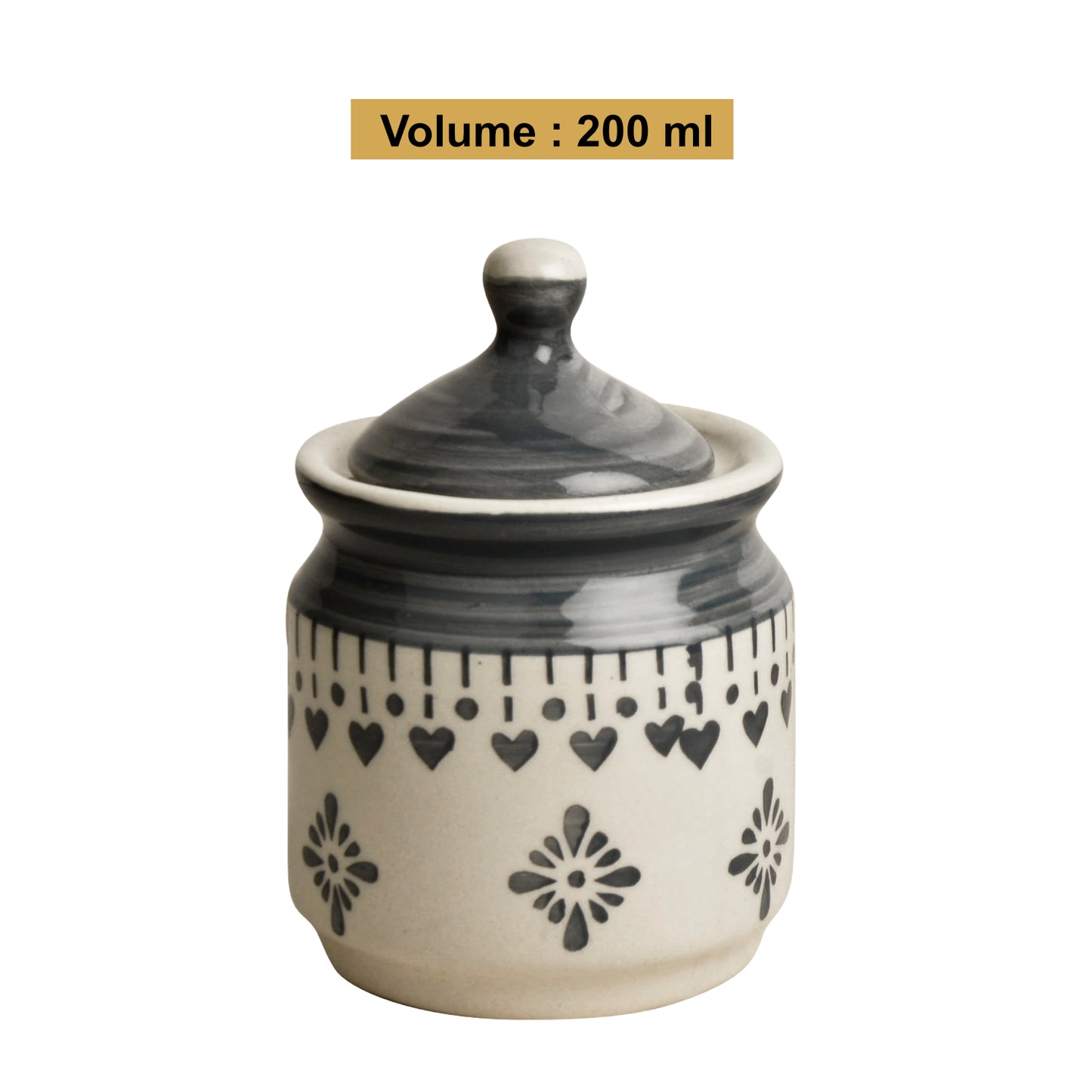 Hand Painted Ceramic Pickle Jar Set with Tray (Set of 3, White and Grey, 200 ml each) - View 4