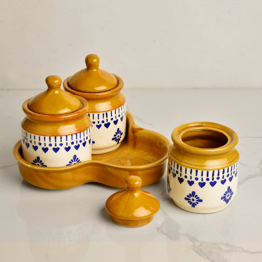Hand Painted Ceramic Pickle Jar Set with Tray (Set of 3, White and Sand Yellow, 200 ml each)