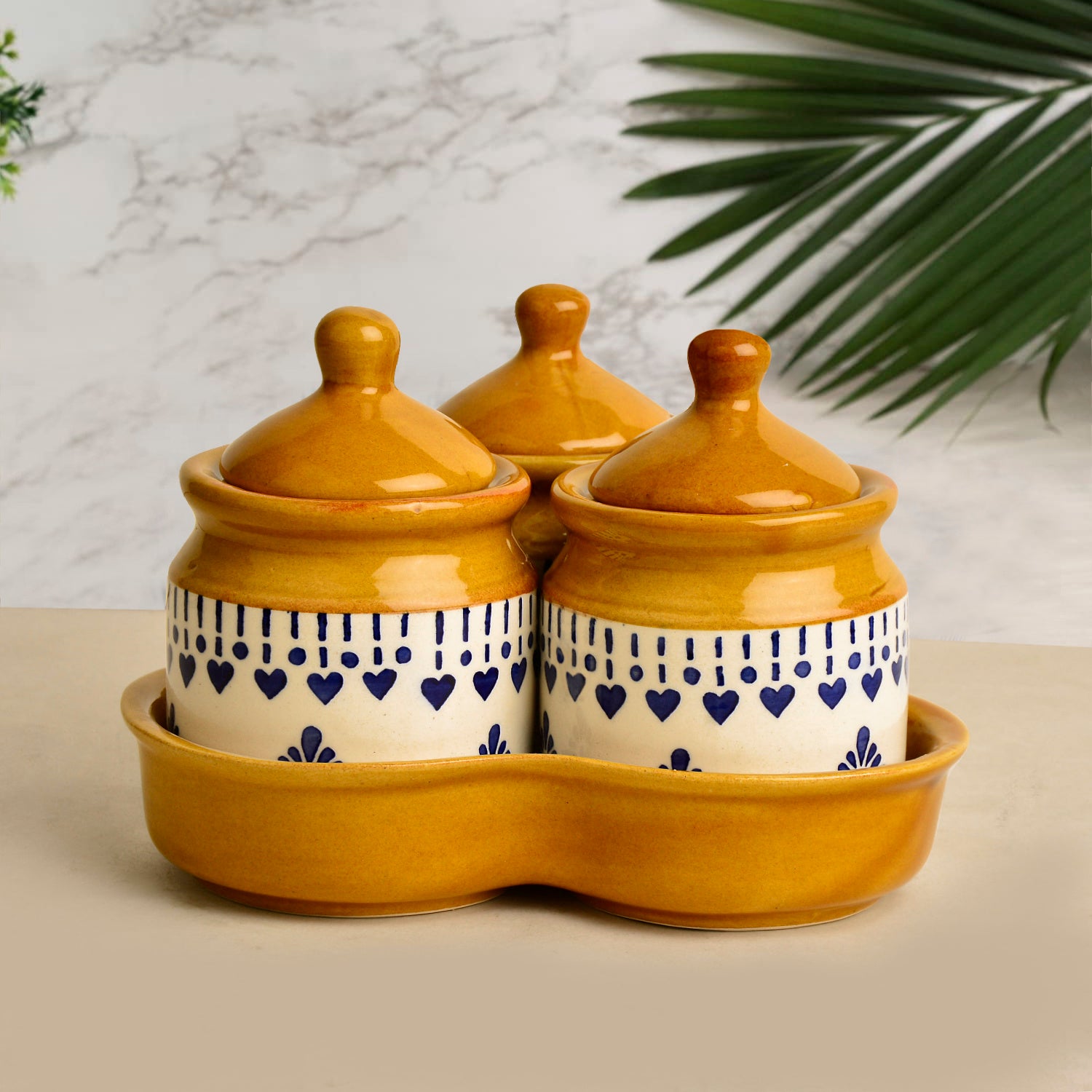 Hand Painted Ceramic Pickle Jar Set with Tray (Set of 3, White and Sand Yellow, 200 ml each) - View 3