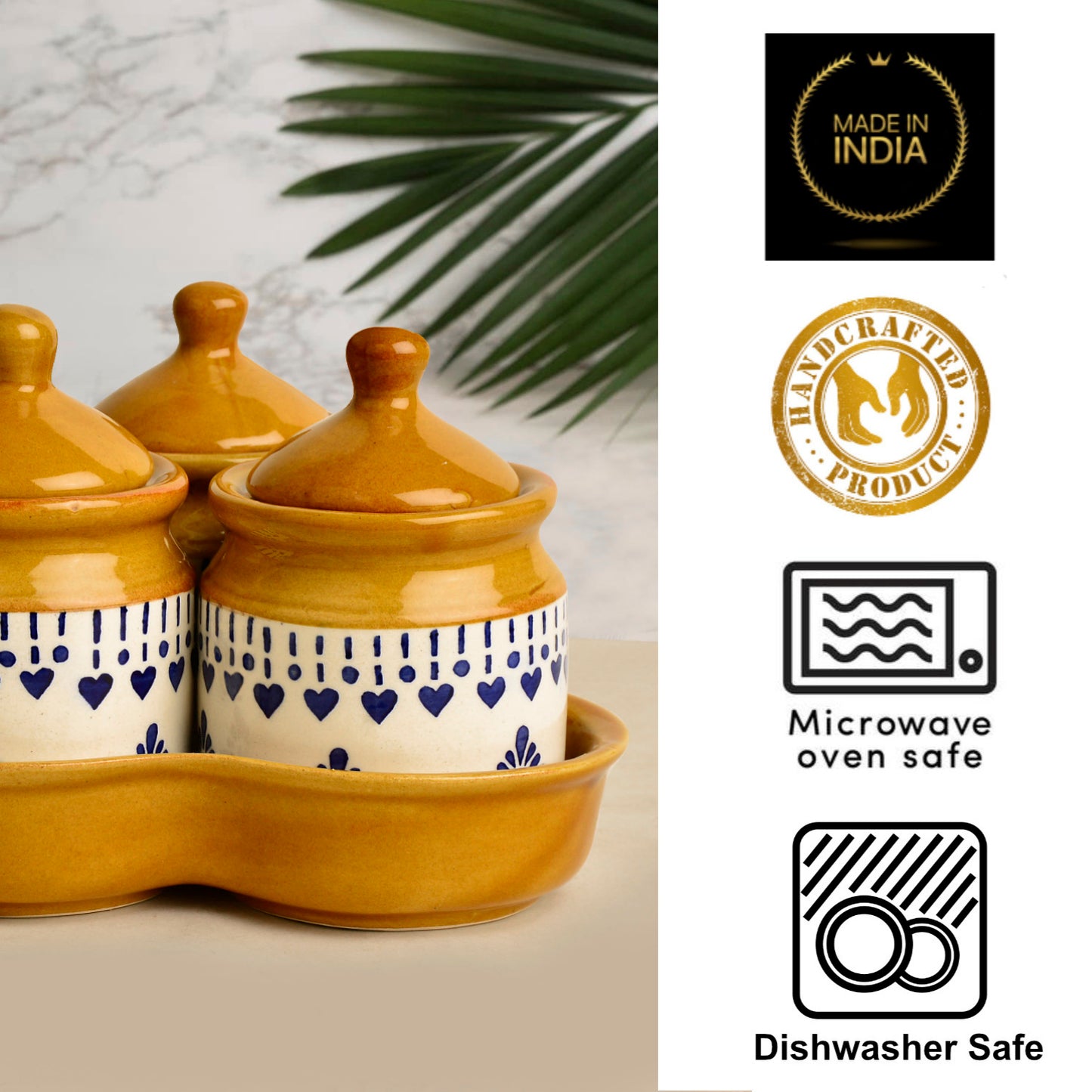 Hand Painted Ceramic Pickle Jar Set with Tray (Set of 3, White and Sand Yellow, 200 ml each) - View 4