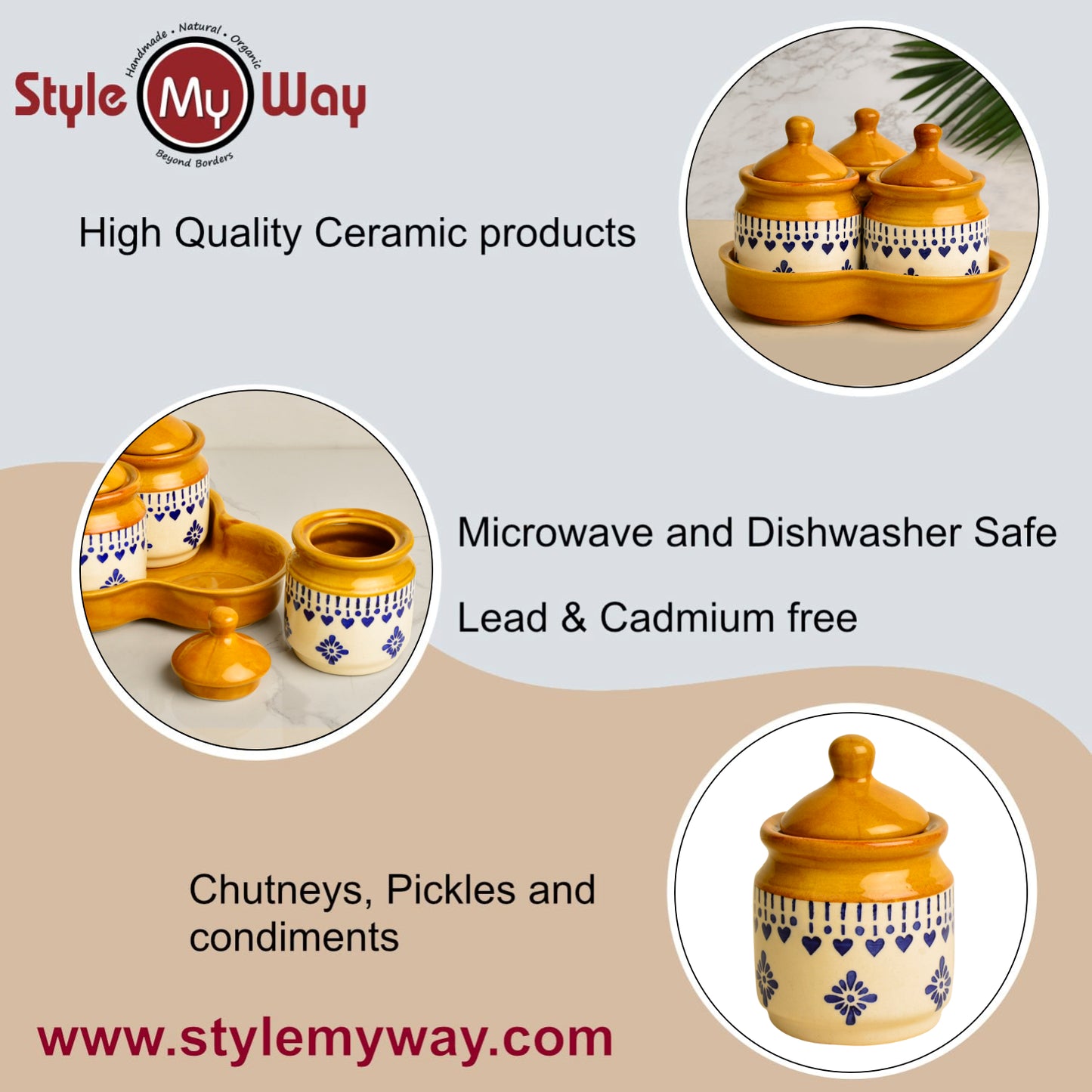 Hand Painted Ceramic Pickle Jar Set with Tray (Set of 3, White and Sand Yellow, 200 ml each) - View 6