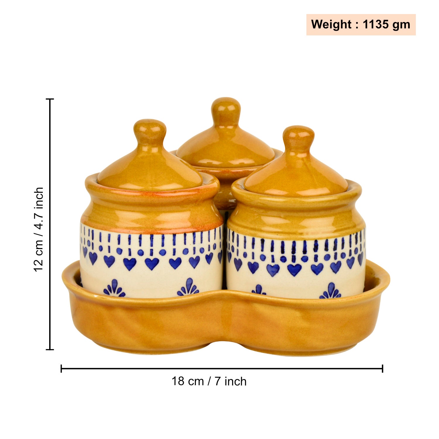 Hand Painted Ceramic Pickle Jar Set with Tray (Set of 3, White and Sand Yellow, 200 ml each) - View 2