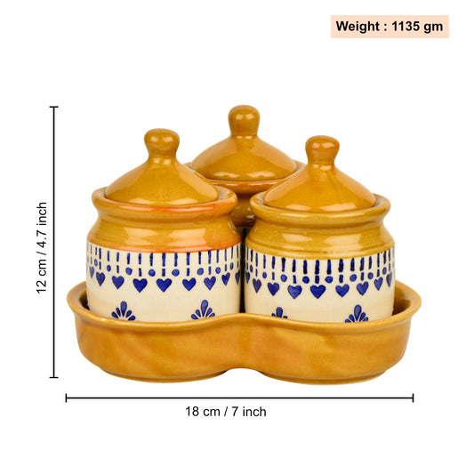 Hand Painted Ceramic Pickle Jar Set with Tray (Set of 3, White and Sand Yellow, 200 ml each) - View 2