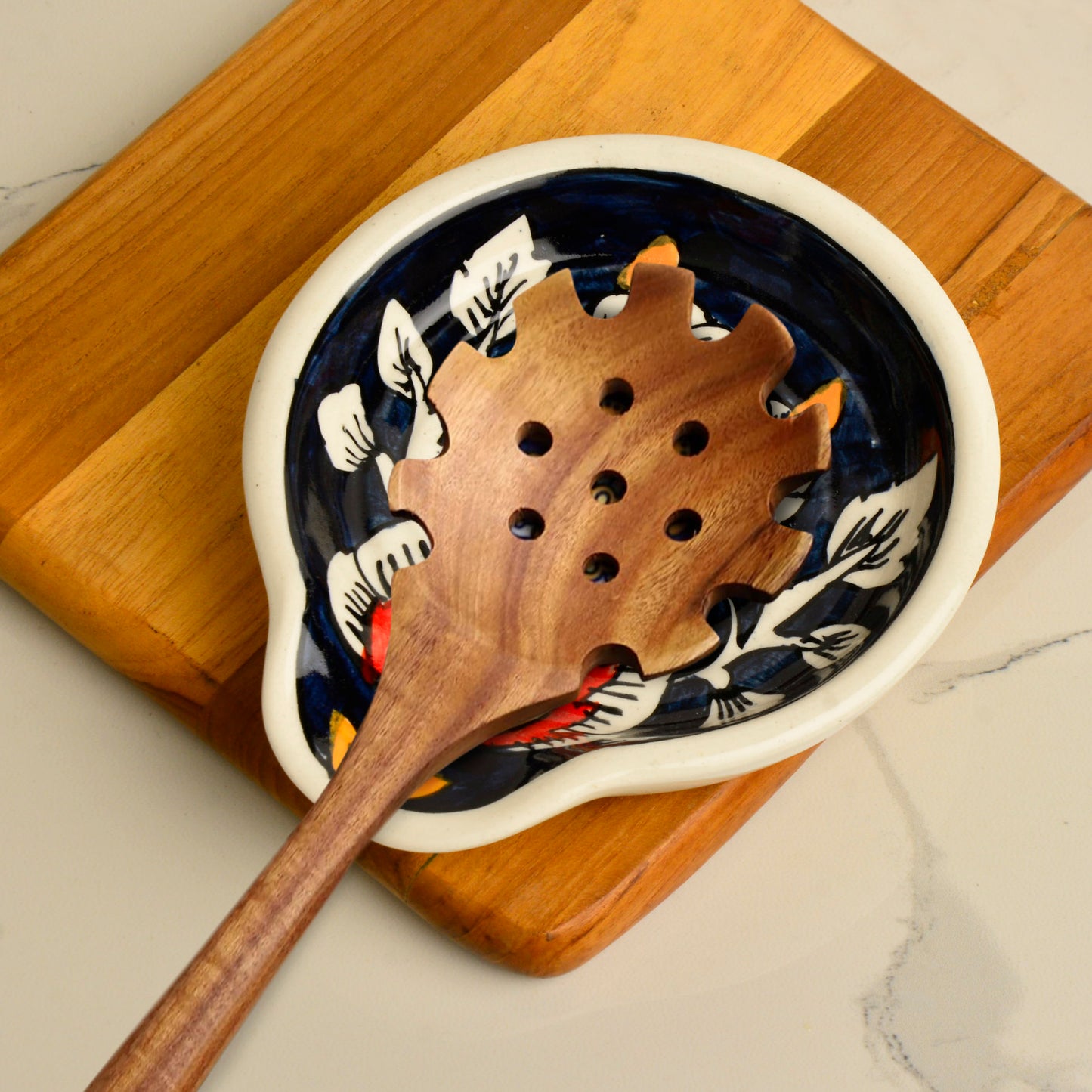 Hand Painted Round Big Ceramic Spoon Rest for Kitchen, Dining Table (Blue, L x B - 14.5 x 12.5 cm) - View 3