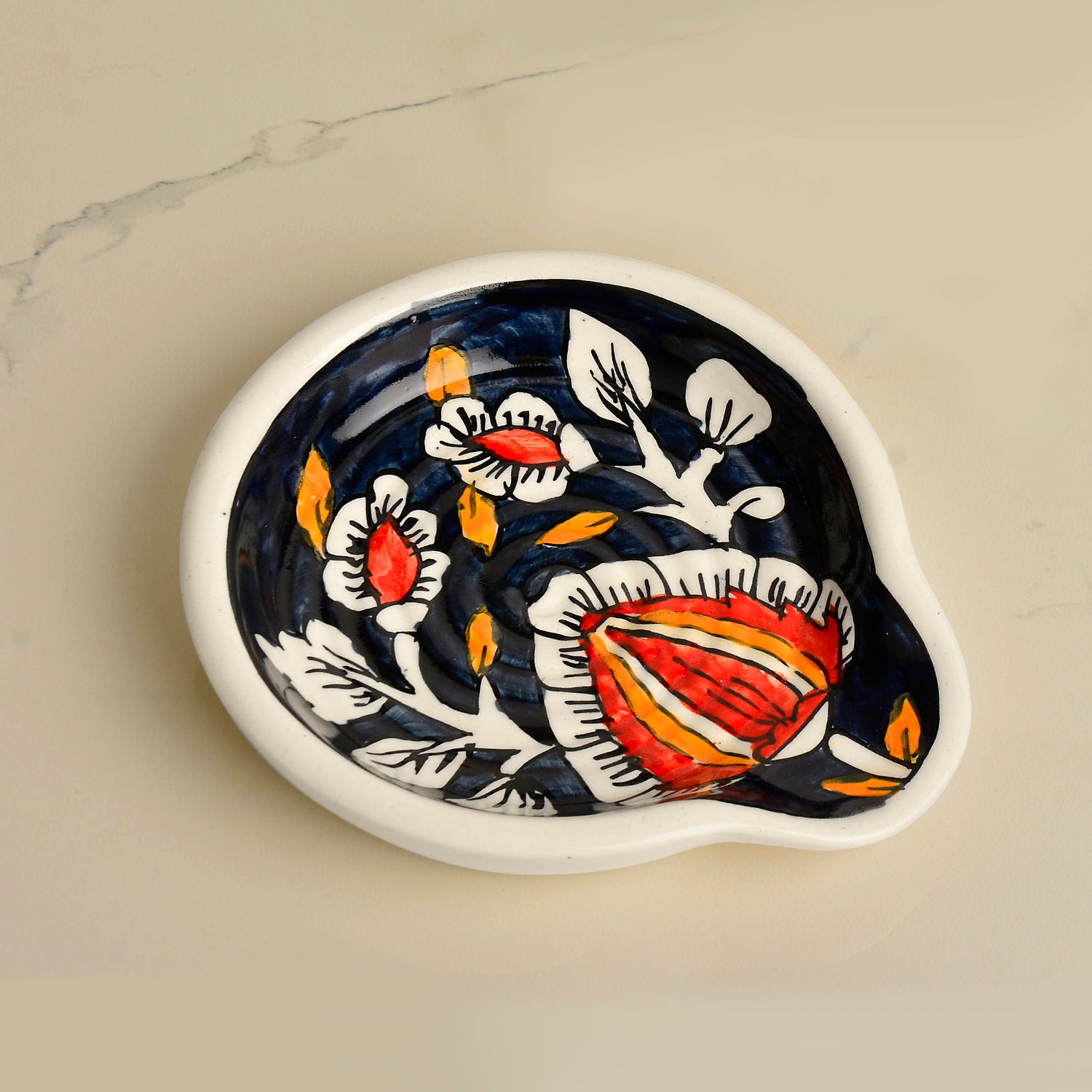 Hand Painted Round Big Ceramic Spoon Rest for Kitchen, Dining Table (Blue, L x B - 14.5 x 12.5 cm) - View 4