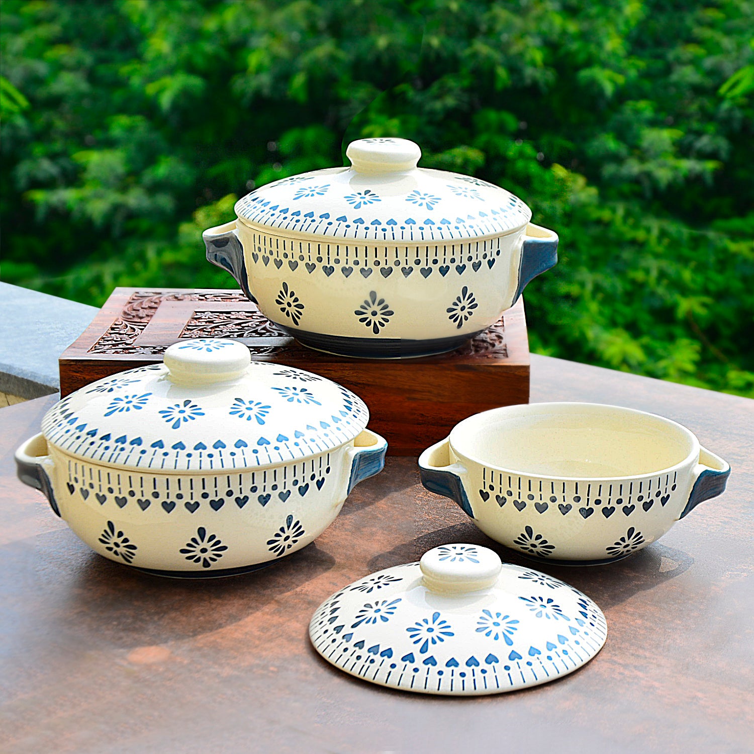 Hand Painted Large Ceramic Serving Donga Set for Kitchen with Lid and Handle (Set of 3, White and Grey, 1200 ml, 1000 ml, 800 ml)