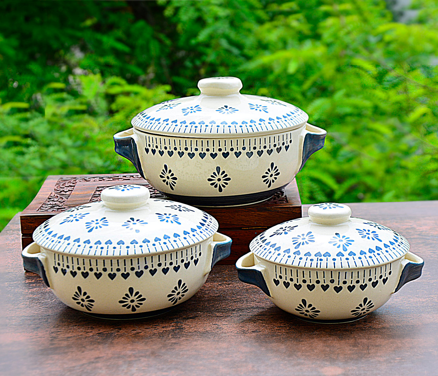 Hand Painted Large Ceramic Serving Donga Set for Kitchen with Lid and Handle (Set of 3, White and Grey, 1200 ml, 1000 ml, 800 ml) - View 3