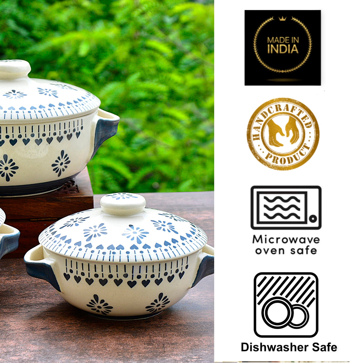 Hand Painted Large Ceramic Serving Donga Set for Kitchen with Lid and Handle (Set of 3, White and Grey, 1200 ml, 1000 ml, 800 ml) - View 4