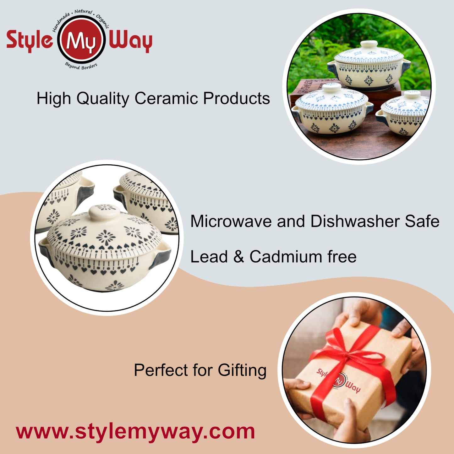 Hand Painted Large Ceramic Serving Donga Set for Kitchen with Lid and Handle (Set of 3, White and Grey, 1200 ml, 1000 ml, 800 ml) - View 5